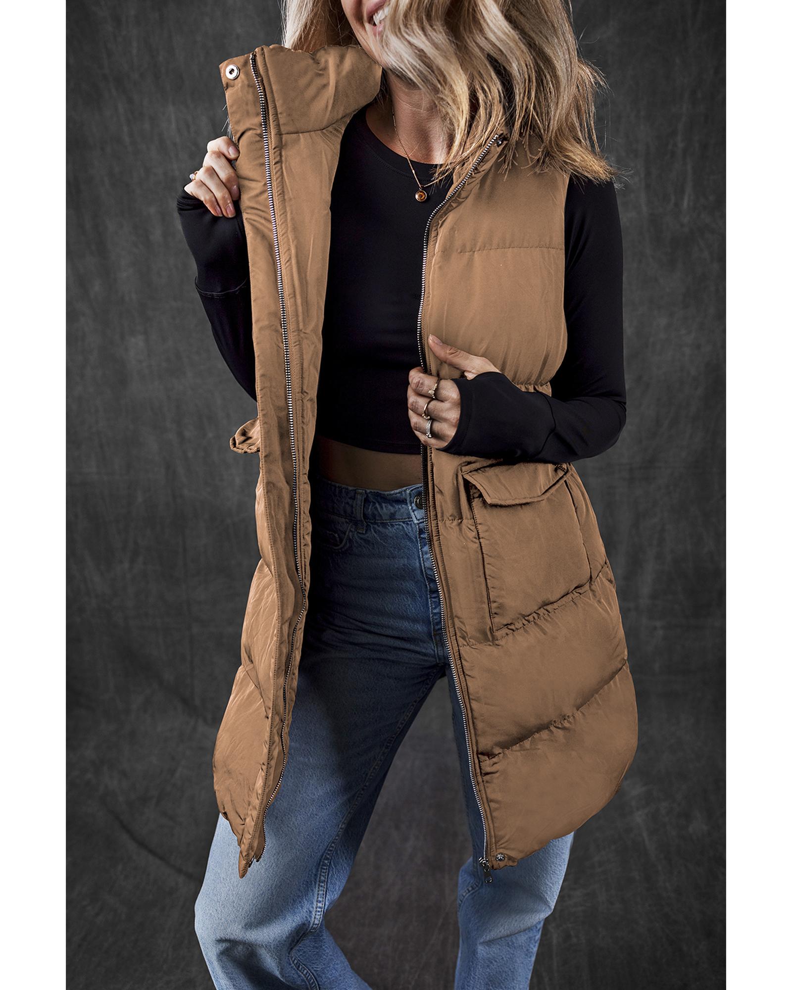 V539-AZEXDC853326-P1017-XL-202506151712-00 Coffee Windproof Longline Full Zipper Puffer Vest with Pockets - XL - Image 1