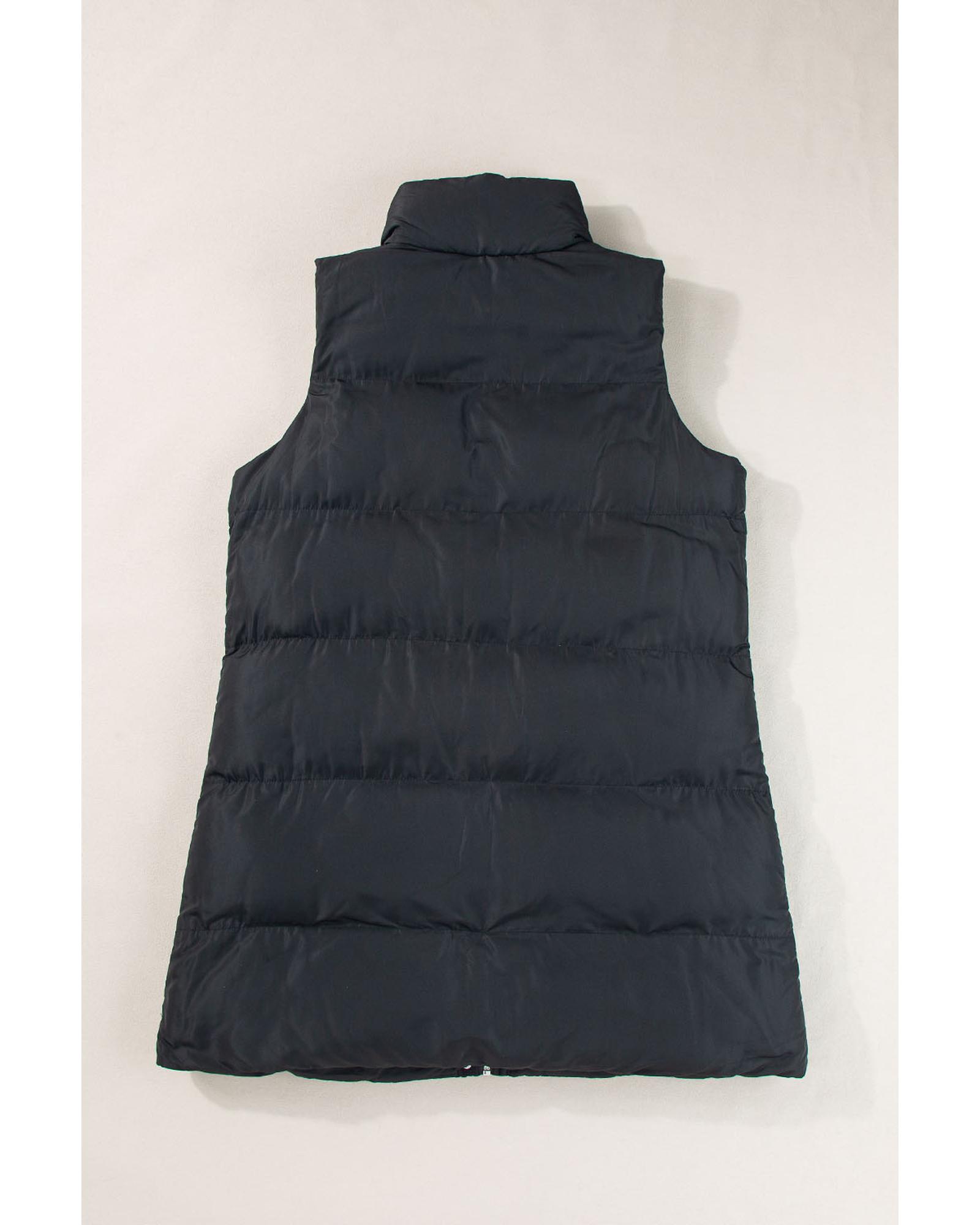 V539-AZEXDC853326-P2-XL-202508301505-00 Black Windproof Longline Full Zipper Puffer Vest with Pockets - XL - Image 1