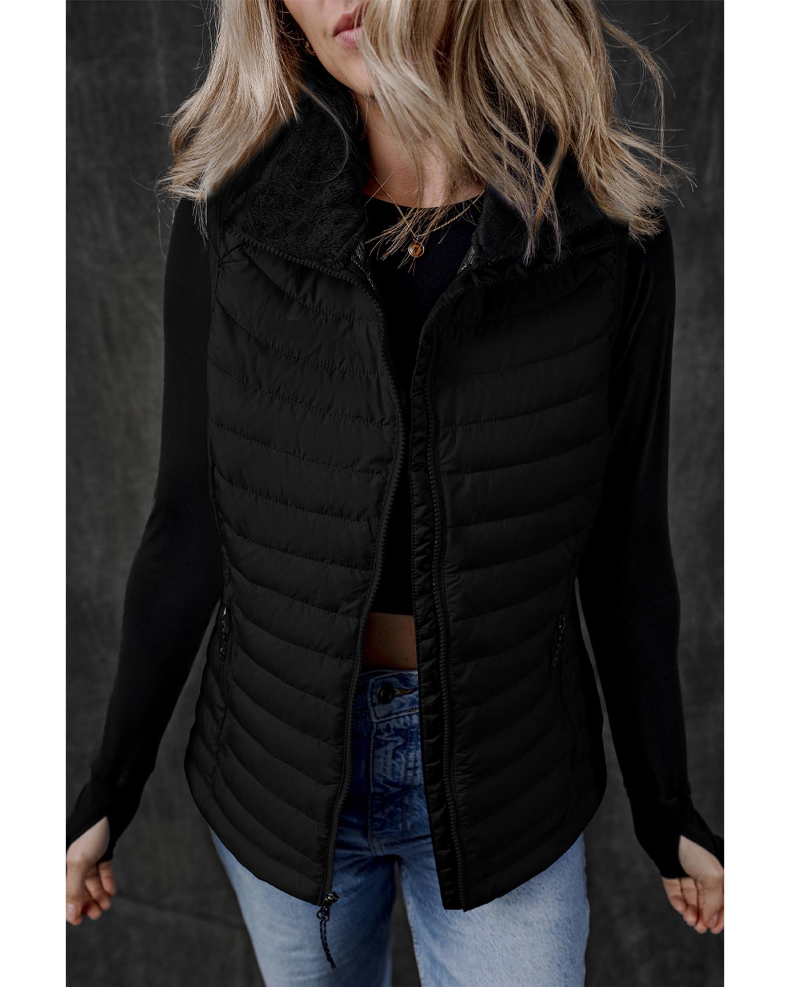 V539-AZEXDC853364-P2-XL-202508310015-00 Black Plush Collared Quilted Zipped Puffer Vest - XL - Image 1
