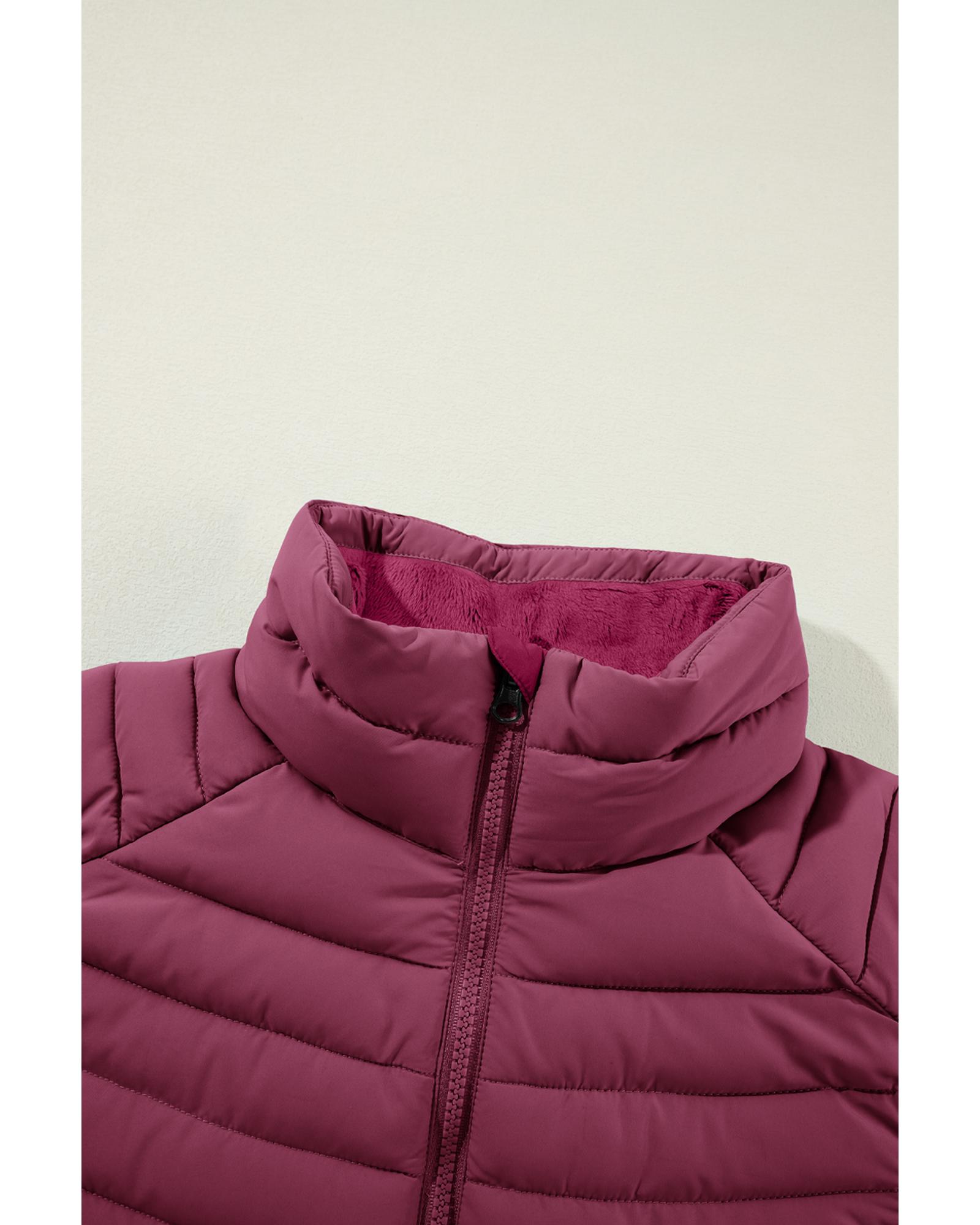 V539-AZEXDC853364-P503-L-202508301325-00 Burgundy Plush Collared Quilted Zipped Puffer Vest - L - Image 1