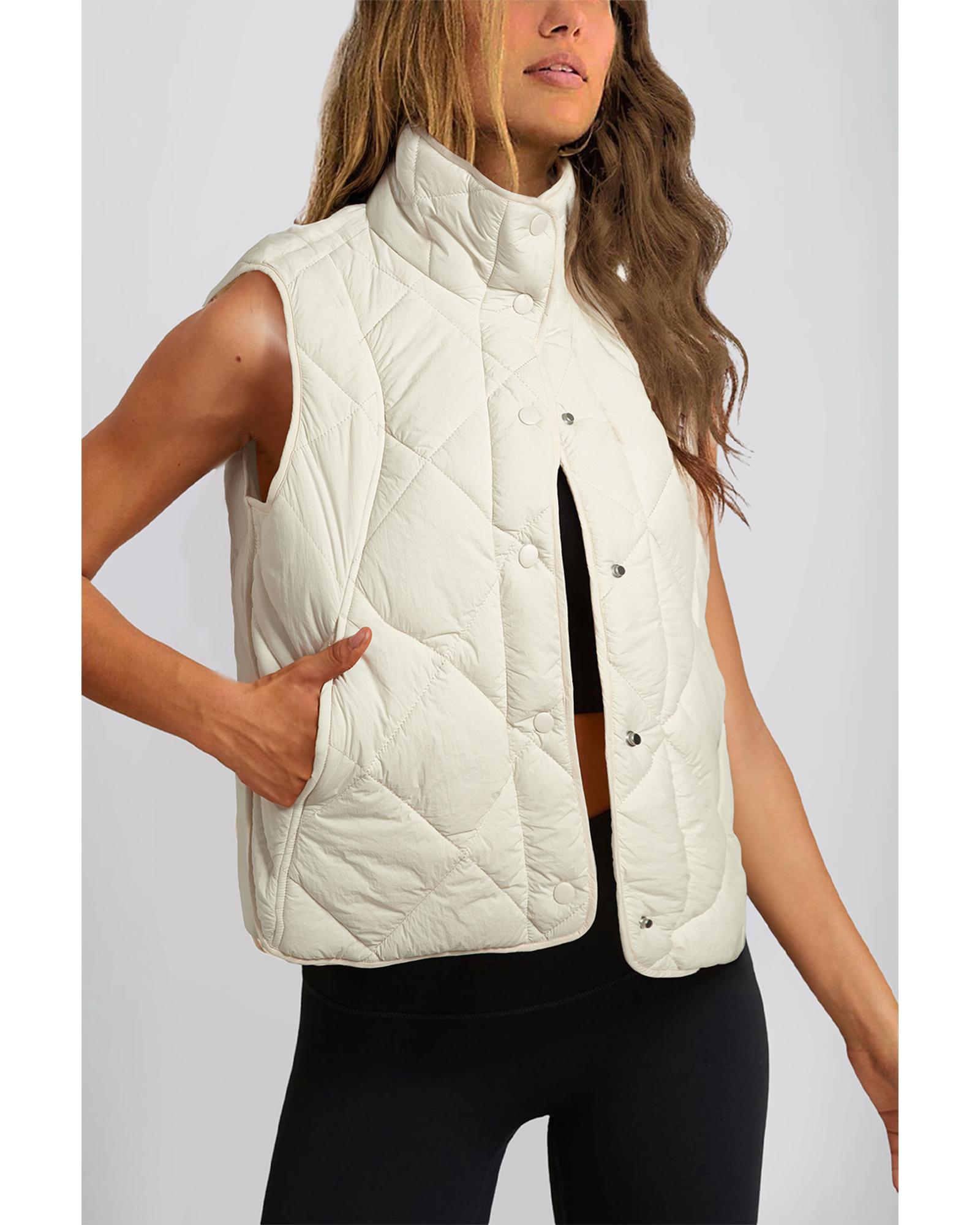V539-AZEXDC853373-P15-M-202508301545-00 Beige Quilted High Neck Button Up Pocket Vest Coat - M - Image 1
