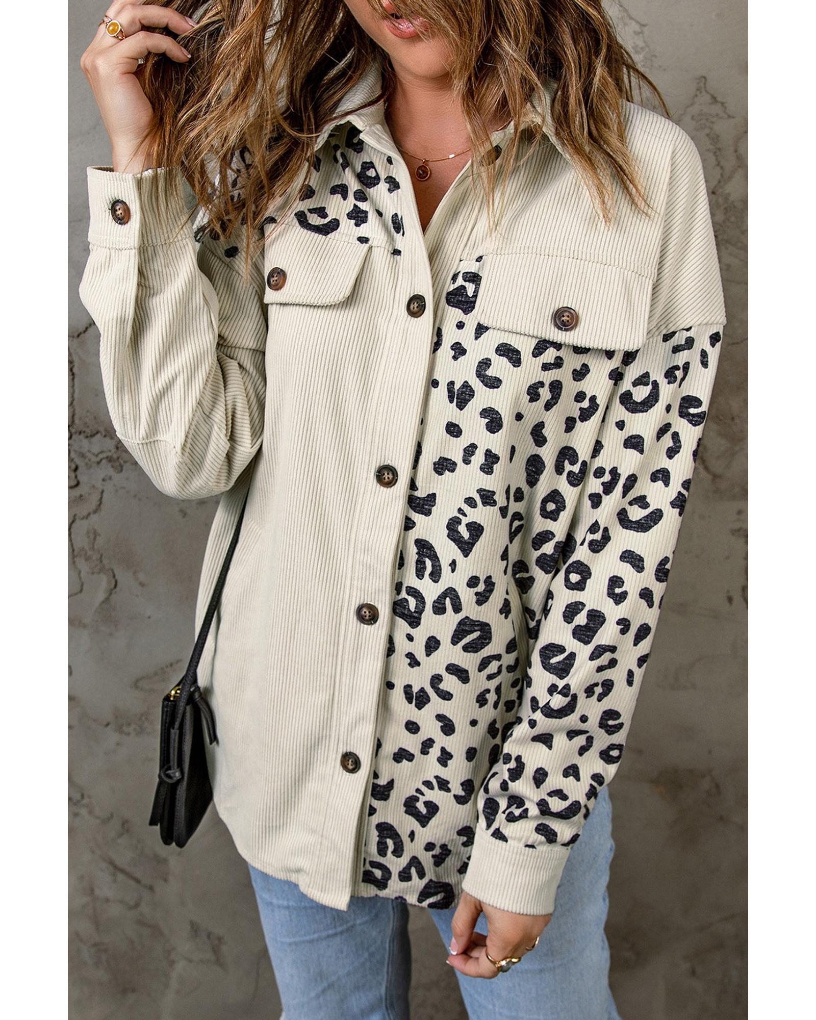 V539-AZEXDC854145-18-S-202506151446-00 Apricot Leopard Print Detail Pocketed Corduroy Jacket - S - Image 1