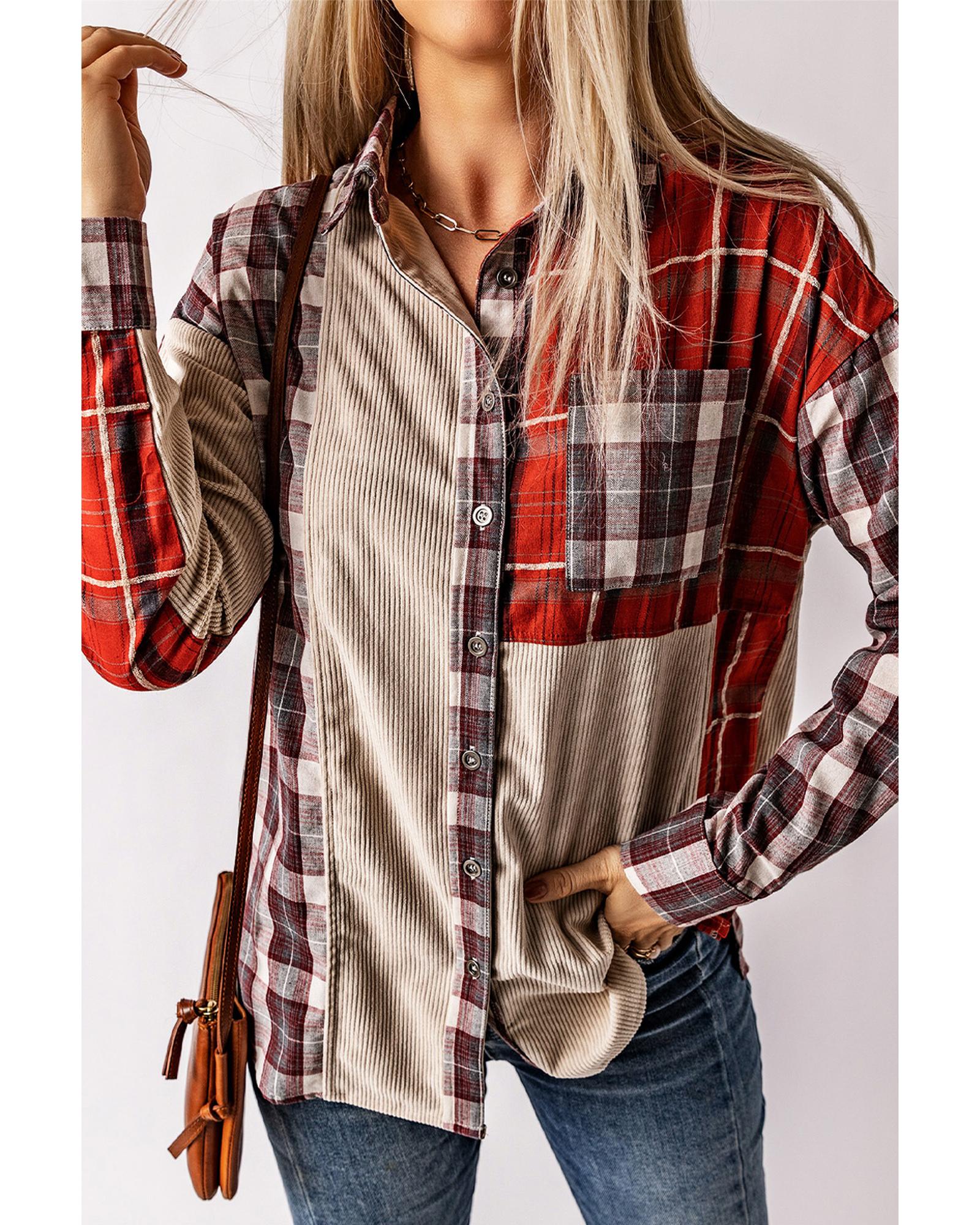 V539-AZEXDC854197-3-L-202508280125-00 Plaid Corduroy Patchwork Shacket - L - Image 1