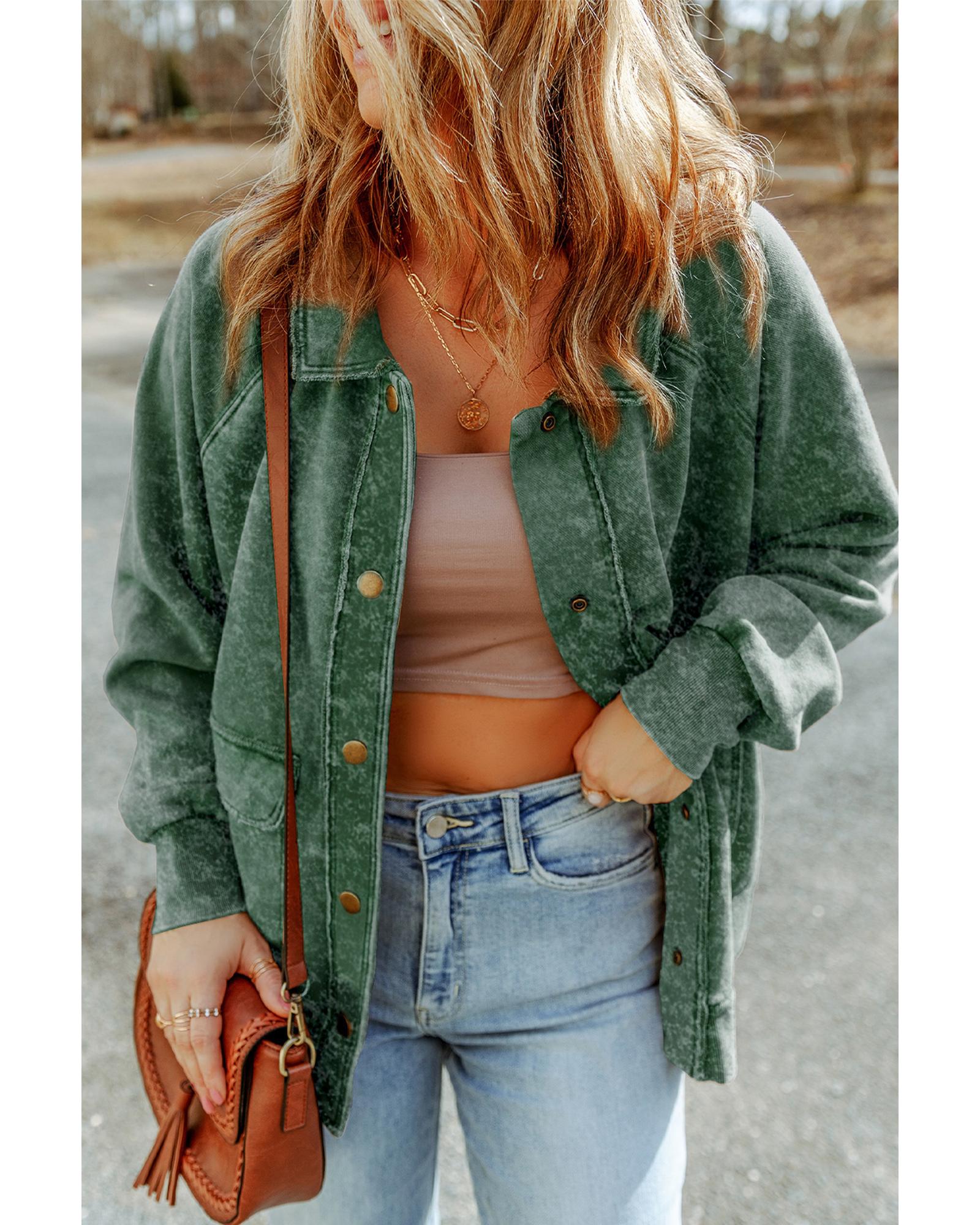 V539-AZEXDC854296-9-S-202506151532-00 Green Vintage Washed Flap Pocket Button Shacket - S - Image 1