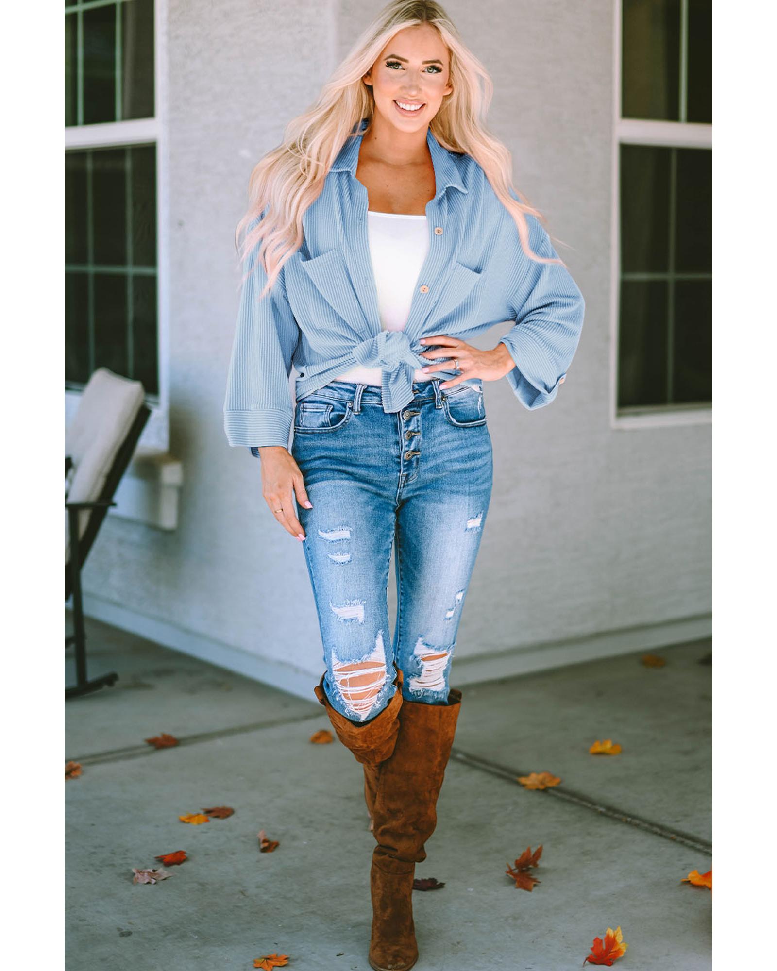 V539-AZEXDC854299-4-XL-202508281325-00 Sky Blue Roll Tab Sleeve Ribbed Cording Shacket - XL - Image 1