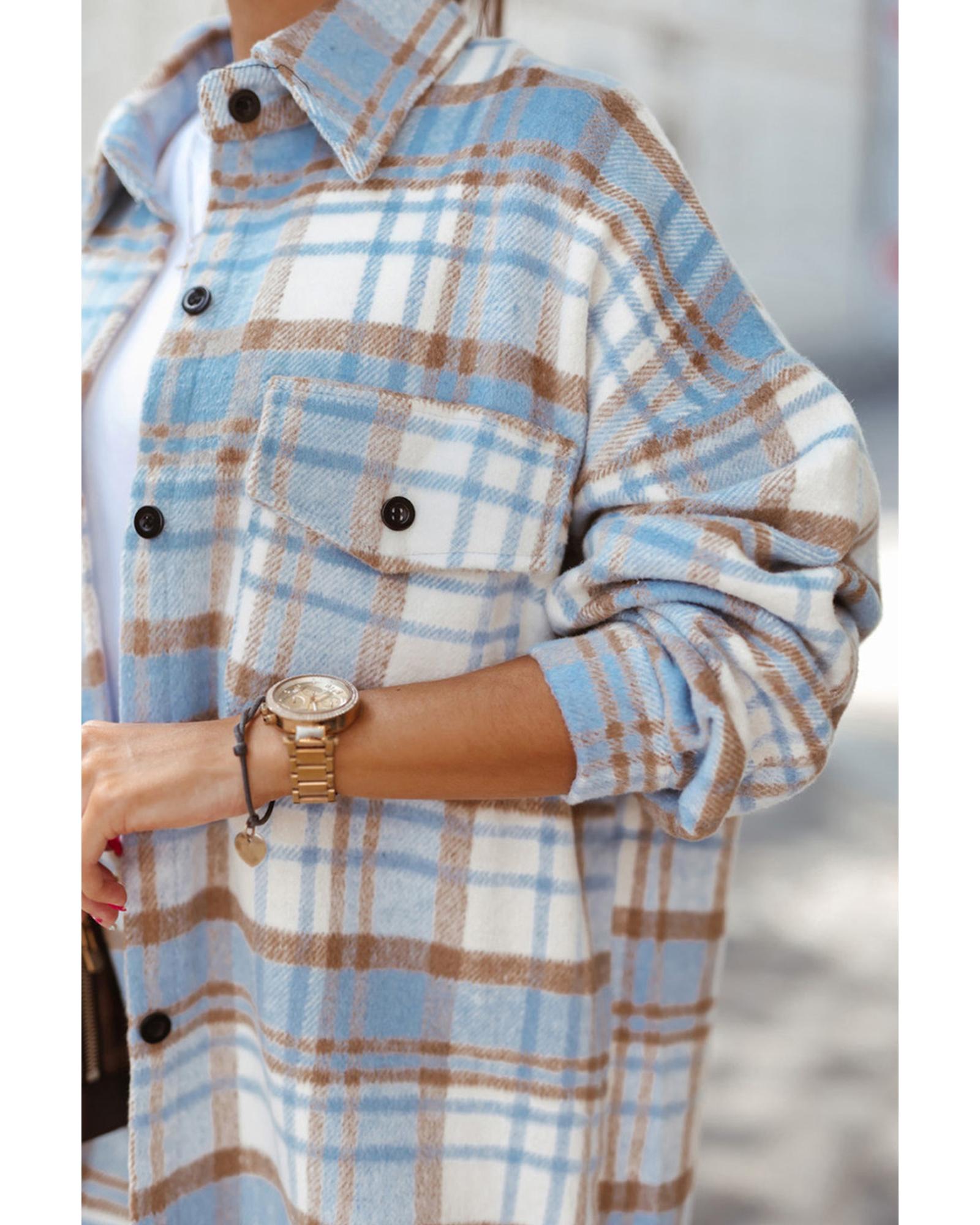 V539-AZEXDC854330-4-2XL-202508291710-00 Sky Blue Plaid Flap Pocket Long Sleeve Shacket - 2XL - Image 1