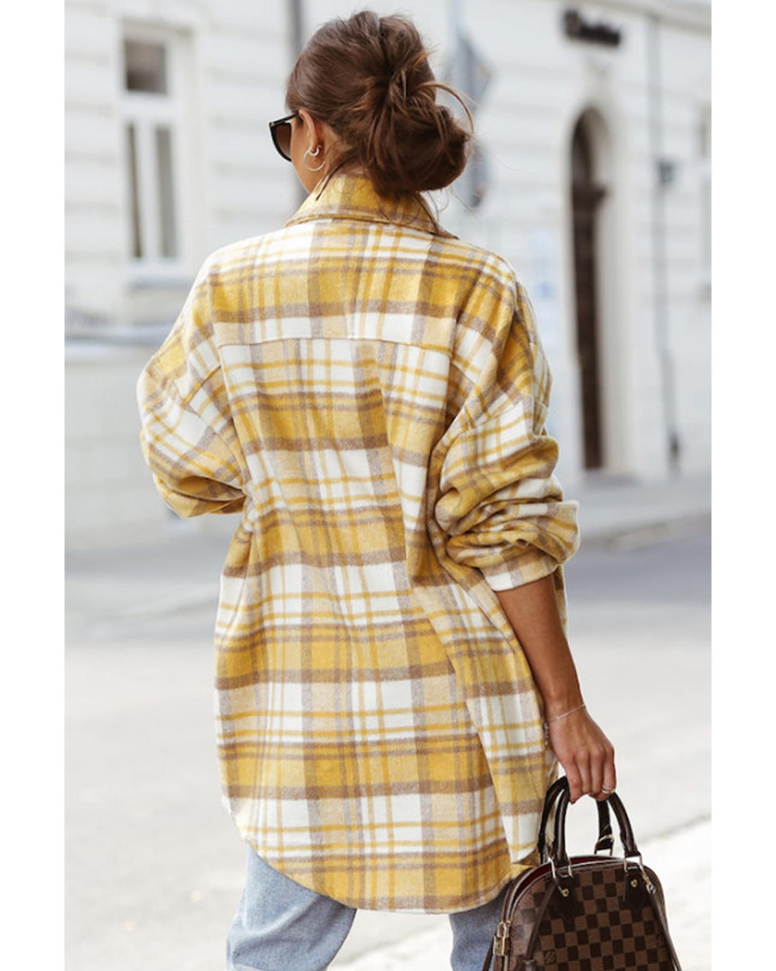V539-AZEXDC854330-7-M-202508300540-00 Yellow Plaid Flap Pocket Long Sleeve Shacket - M - Image 1