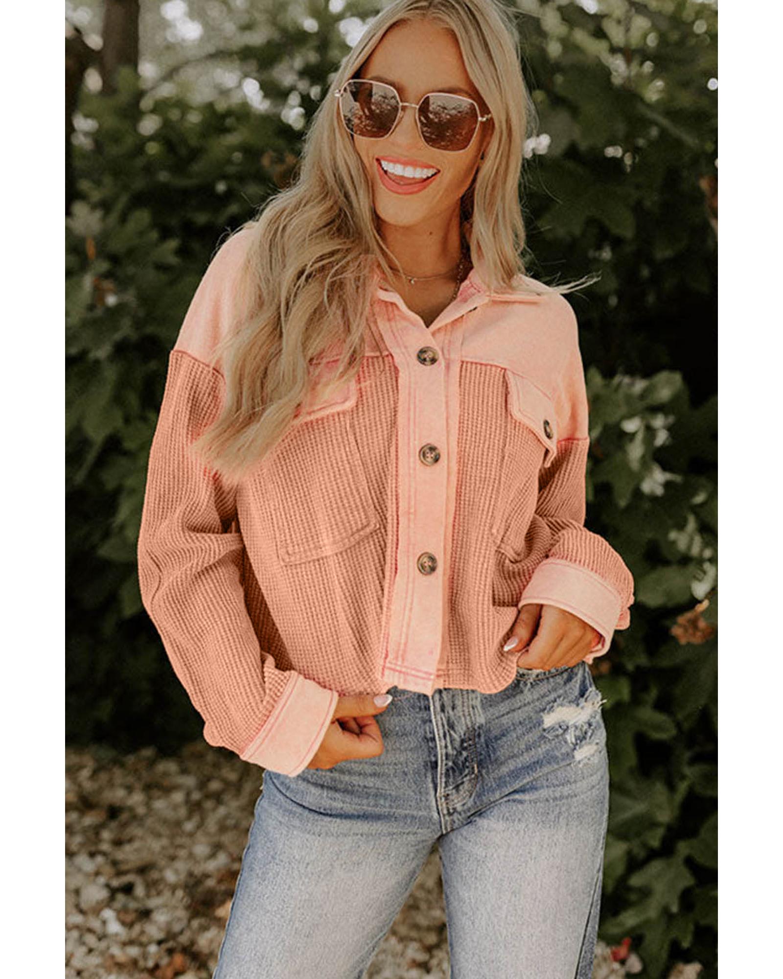 V539-AZEXDC854405-14-S-202506151930-00 Orange Textured Waffle Knit Chest Pockets Cropped Shacket - S - Image 1