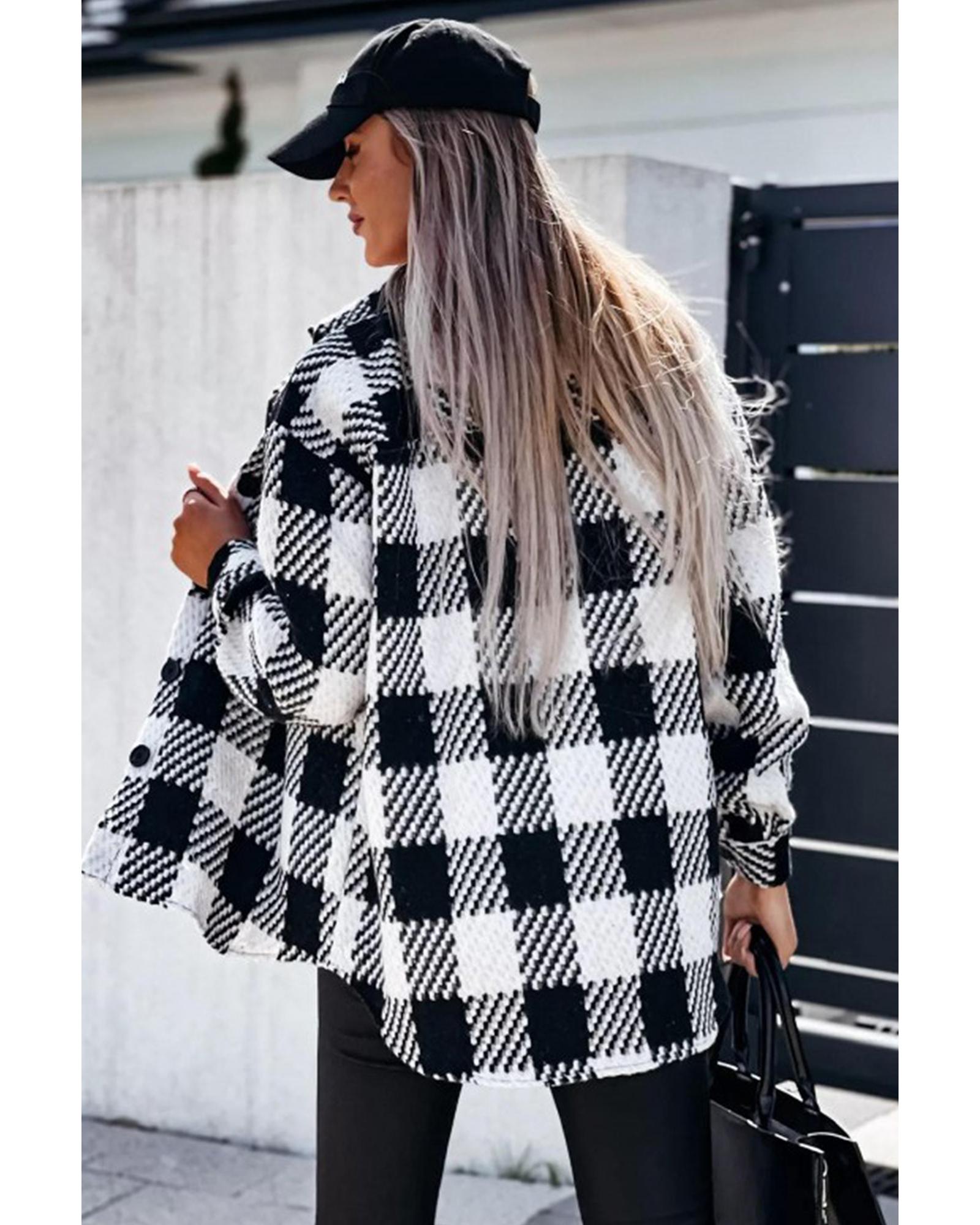 V539-AZEXDC854548-P2-M-202508301435-00 Black Plaid Textured Flap Pocket Shacket - M - Image 1