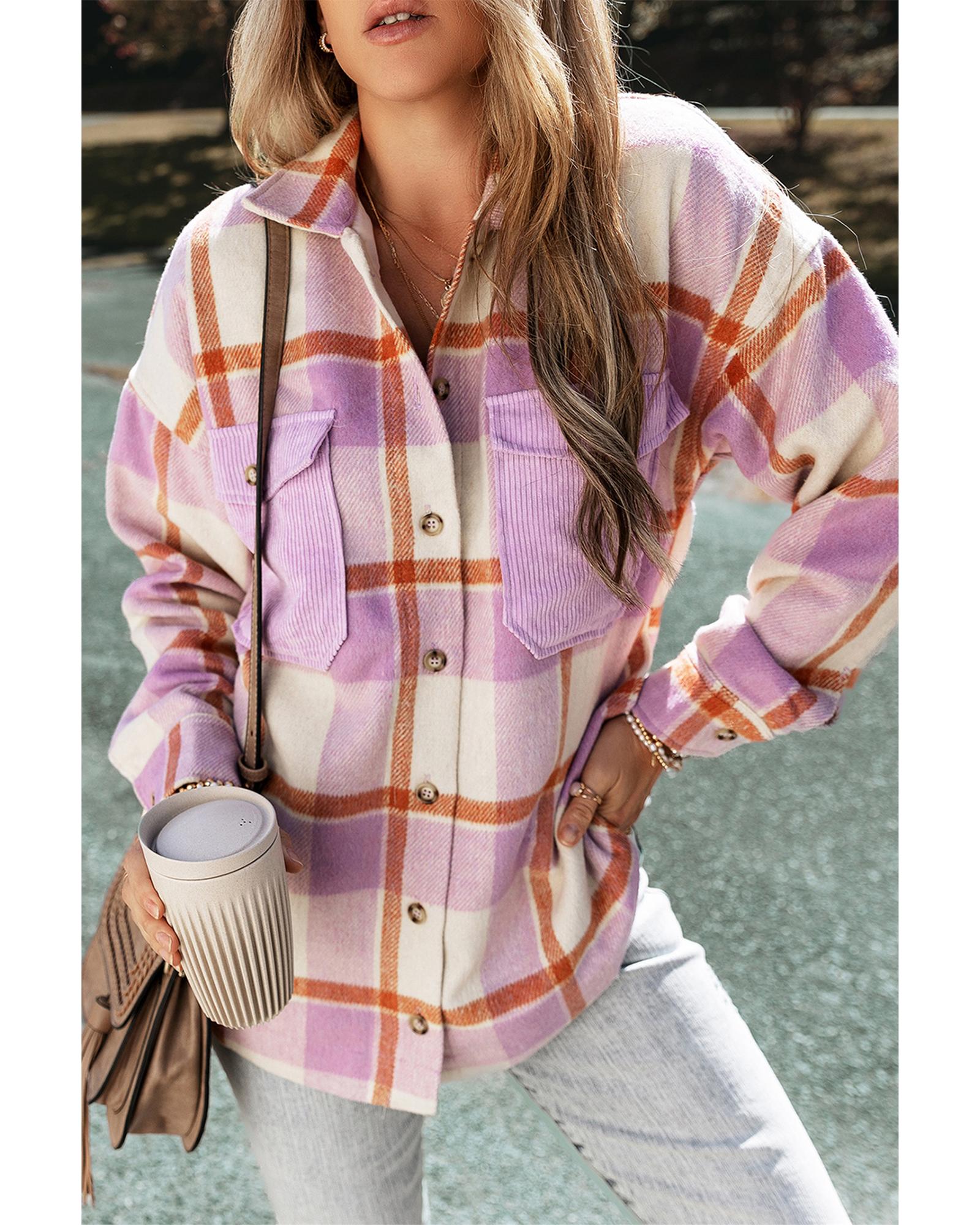 V539-AZEXDC854656-P822-S-202508310030-00 Purple Corduroy Pockets Brushed Checkered Shacket - S - Image 1
