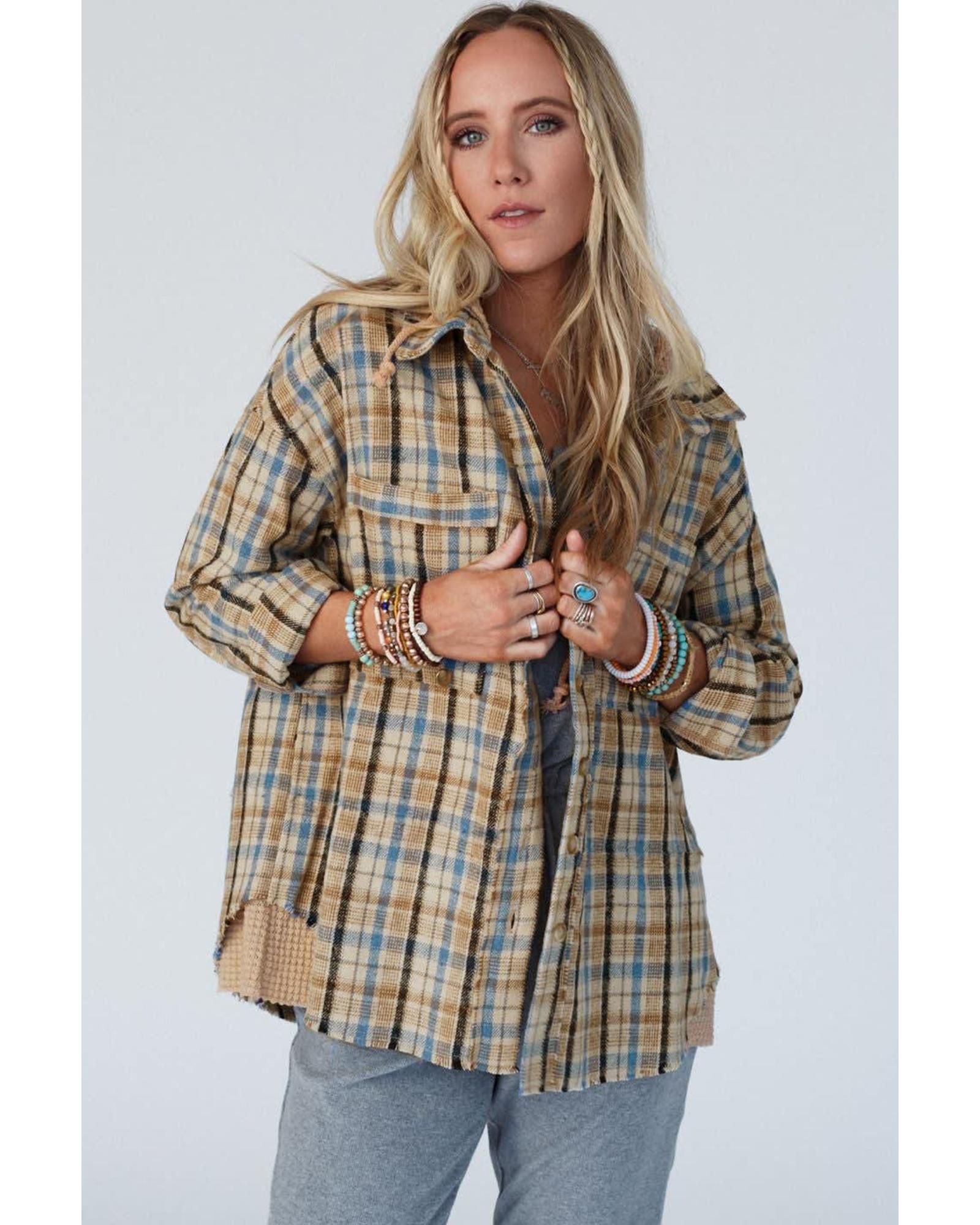 V539-AZEXDC854725-P604-S-202506151736-00 Ashleigh Blue Waffle Knit Patchwork Hooded Plaid Shacket - S - Image 1