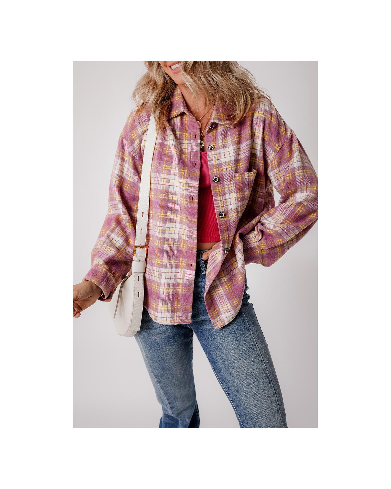 V539-AZEXDC854736-P1022-XL-202508310510-00 Pink Plaid Print Chest Pocket Long Sleeve Shacket - XL - Image 1