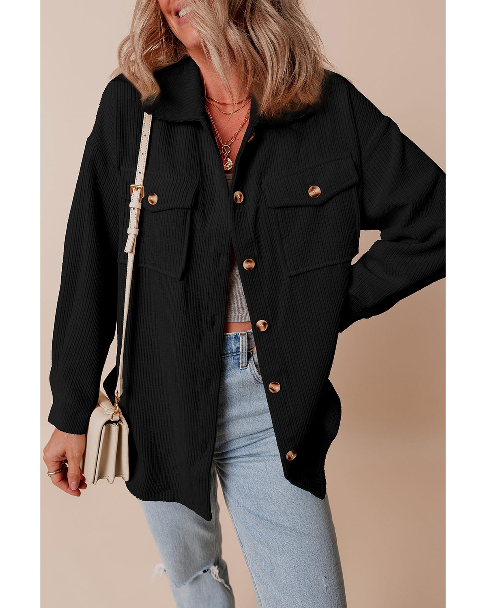 V539-AZEXDC854741-P2-S-202506181711-00 Black Corduroy Flap Pocket Button Up Shacket - S - Image 1
