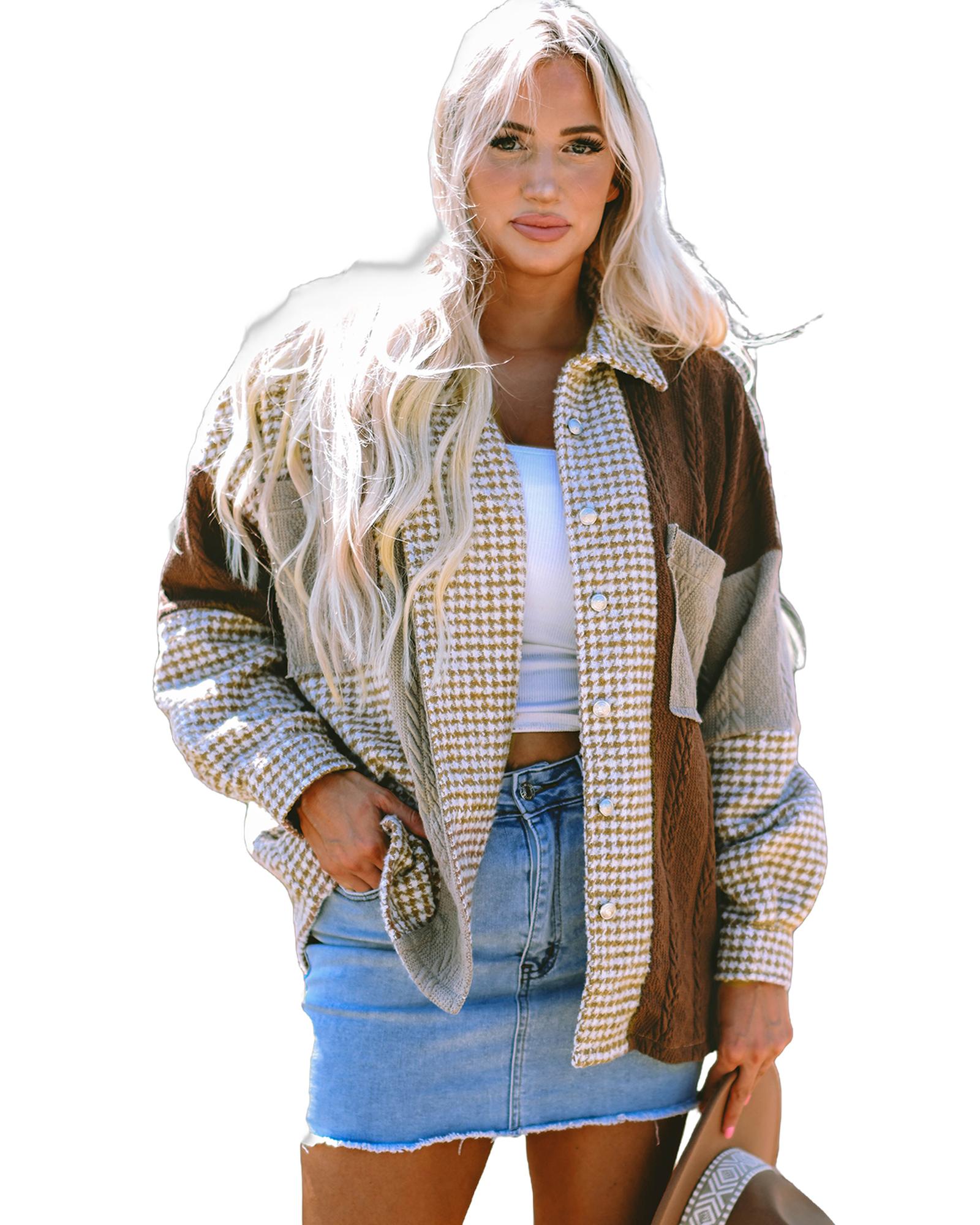 V539-AZEXDC854749-P1622-S-202508310610-00 Khaki Houndstooth Color Contrast Textured Patchwork Loose Shacket - S - Image 1