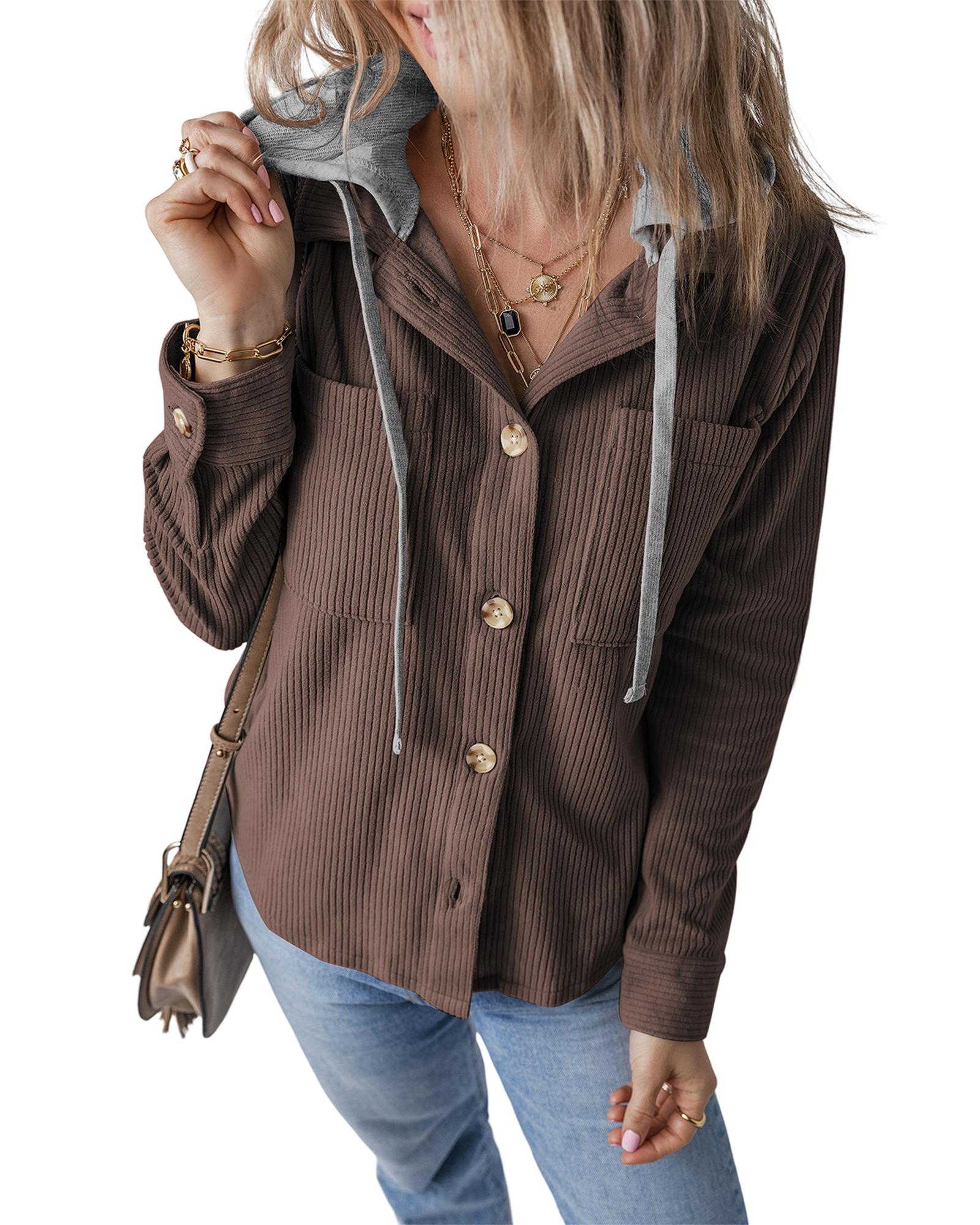 V539-AZEXDC854755-P1017-XL-202508311115-00 Coffee Hooded Drawstring Pockets Corduroy Shacket - XL - Image 1