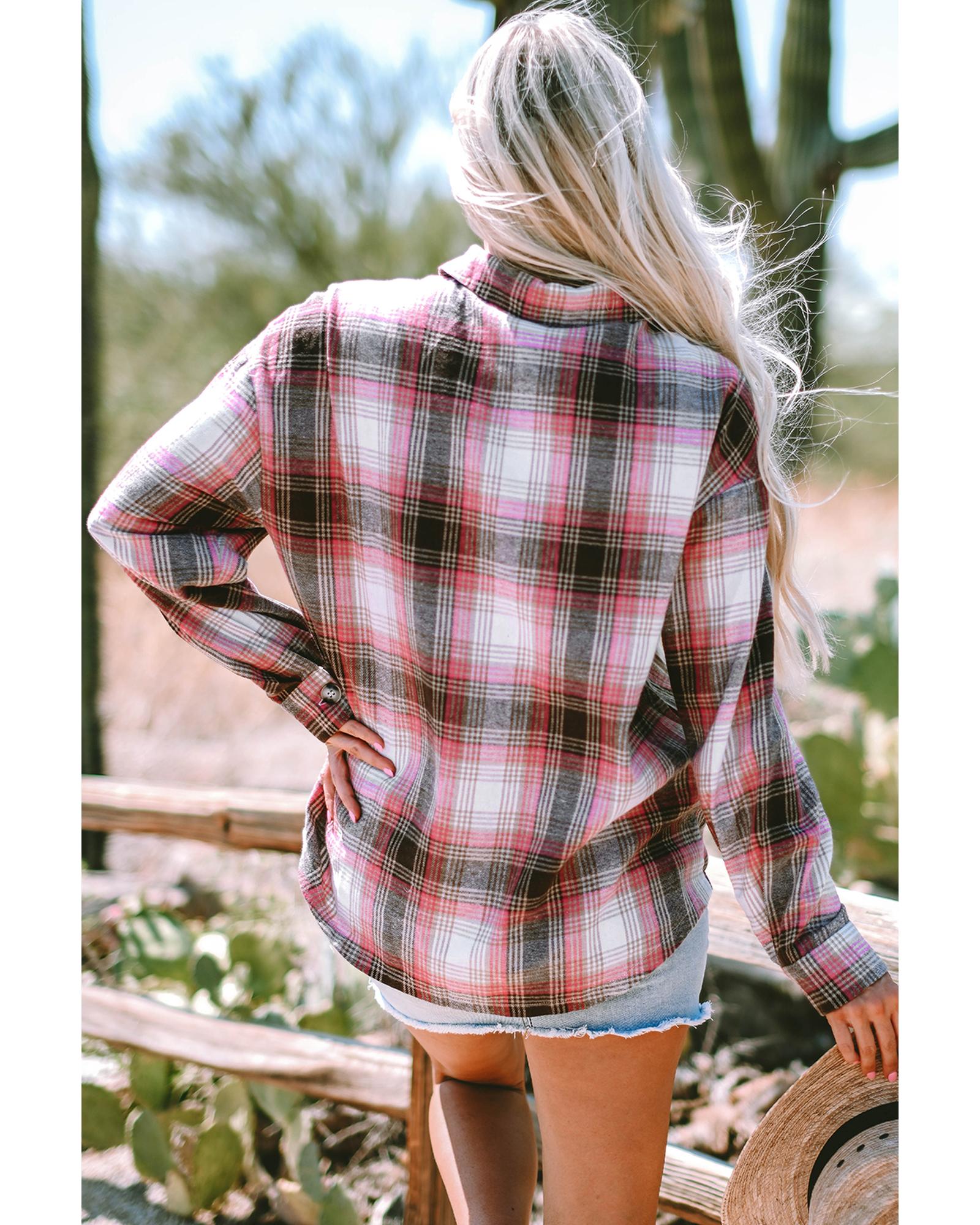 V539-AZEXDC854801-P1022-XL-202508311235-00 Pink Plaid Flap Pocket Button Up Shacket - XL - Image 1