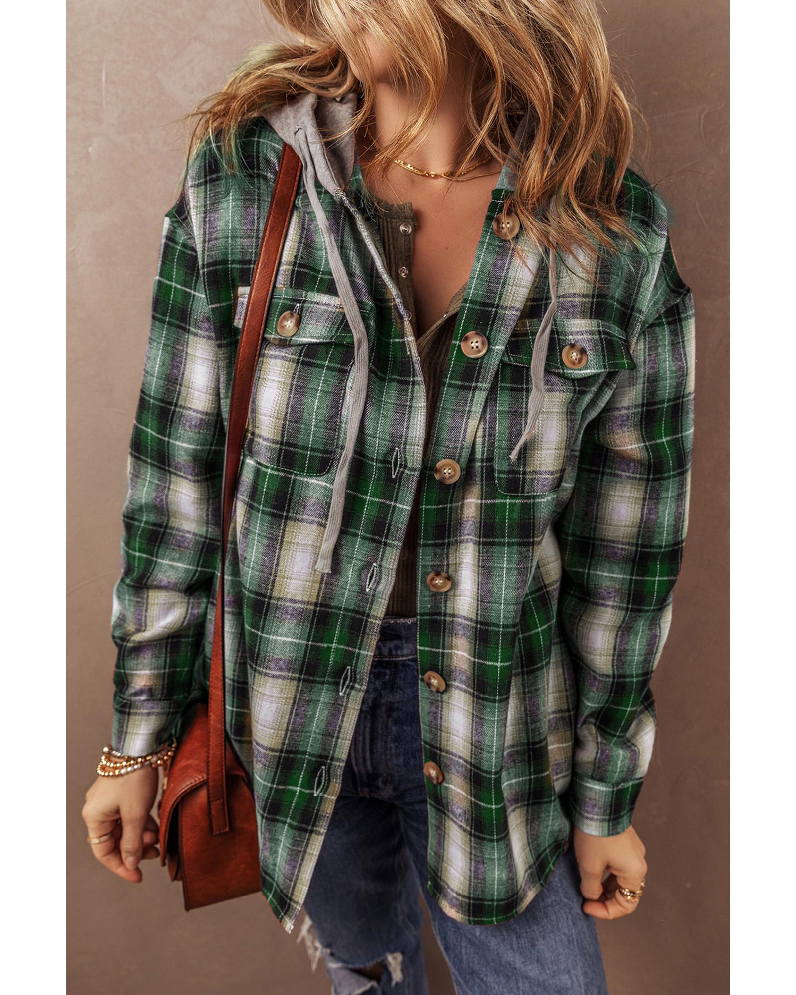 V539-AZEXDC854814-P922-S-202506182048-00 Green Plaid Print Chest Pocket Buttoned Hooded Shacket - S - Image 1