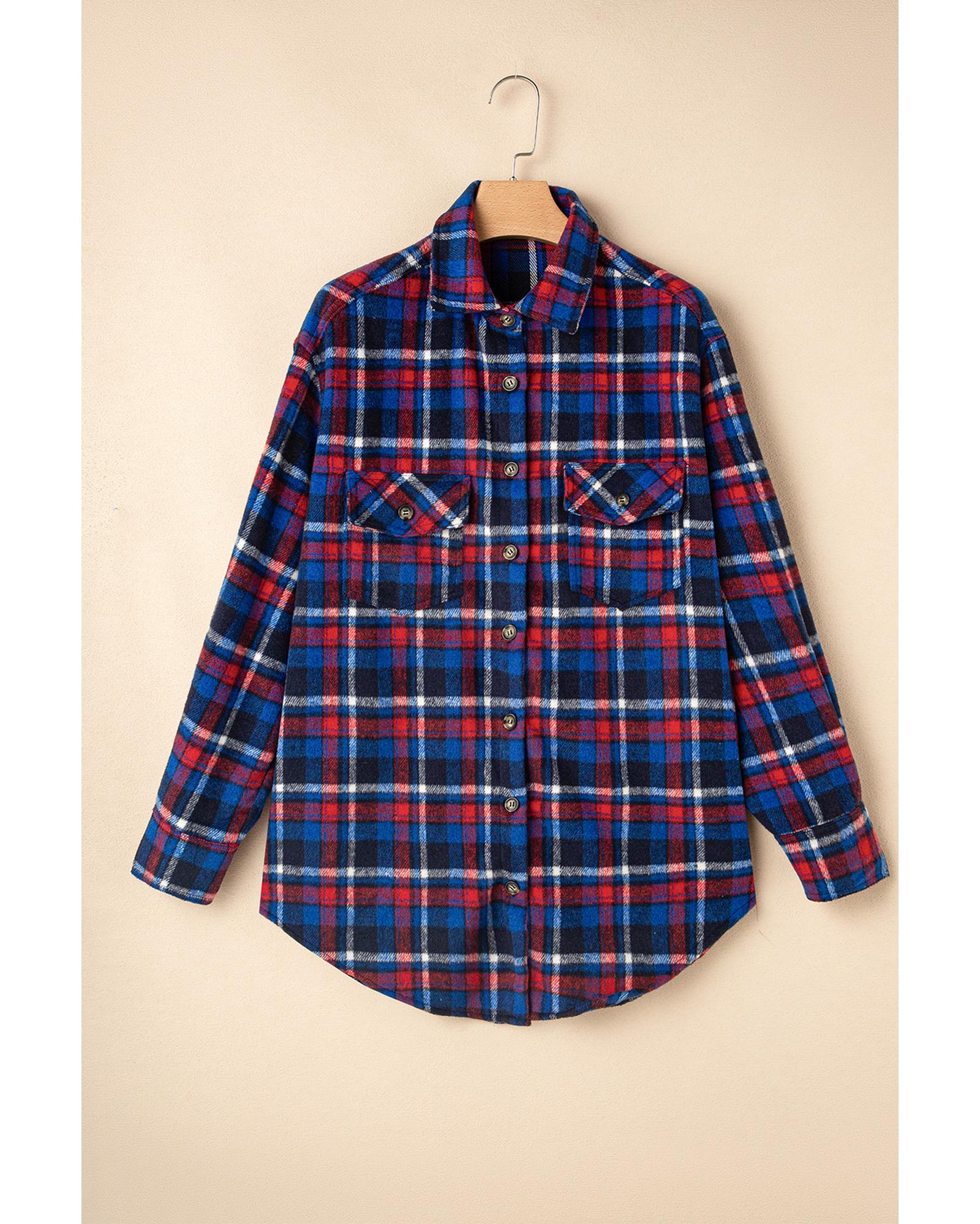 V539-AZEXDC854817-P605-S-202506182111-00 Navy Blue Plaid Flap Pocket Button Up Shacket - S - Image 1