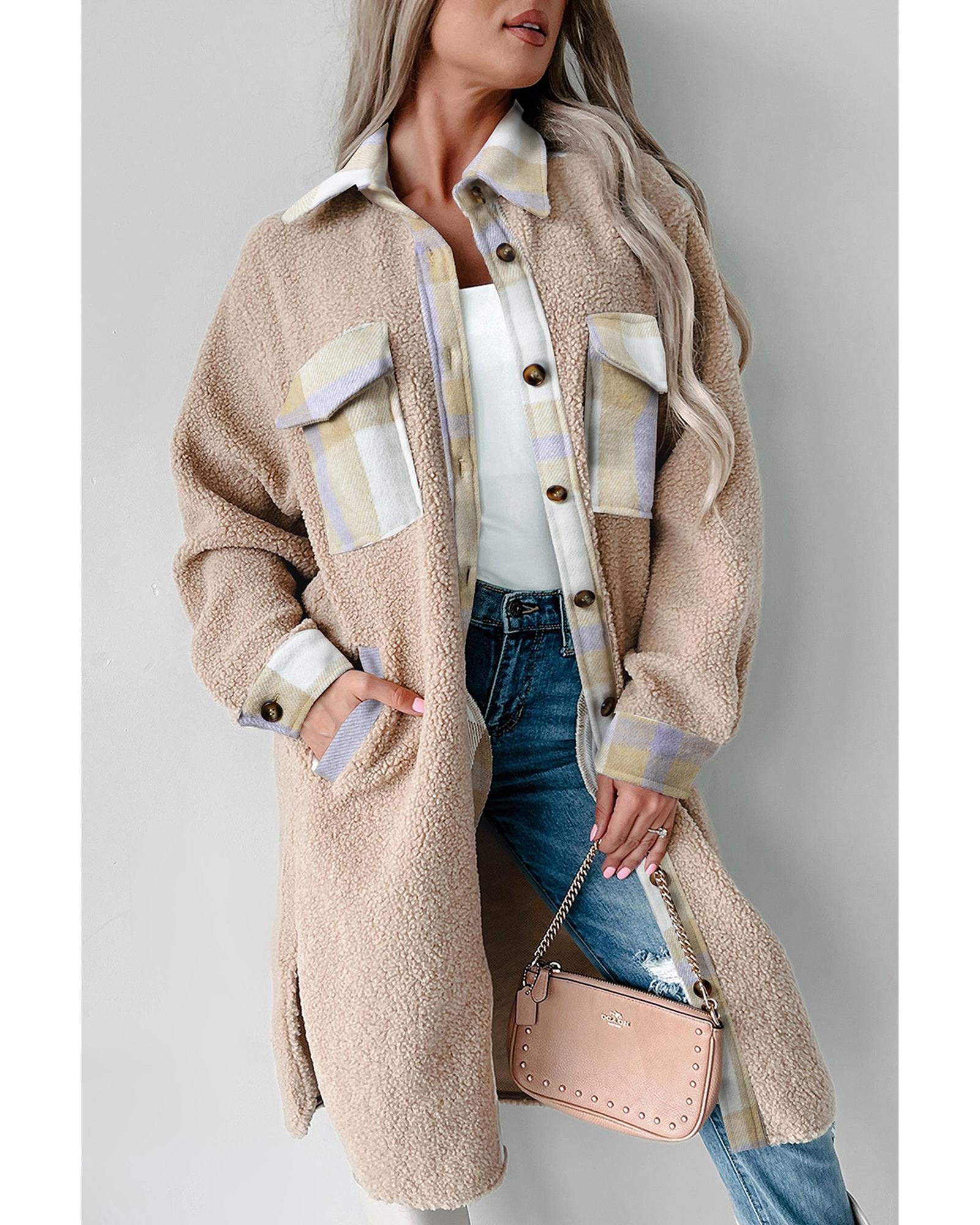 V539-AZEXDC859081-P7016-S-202508311605-00 Smoke Gray Plaid Patchwork Collared Button-up Sherpa Long Coat - S - Image 1