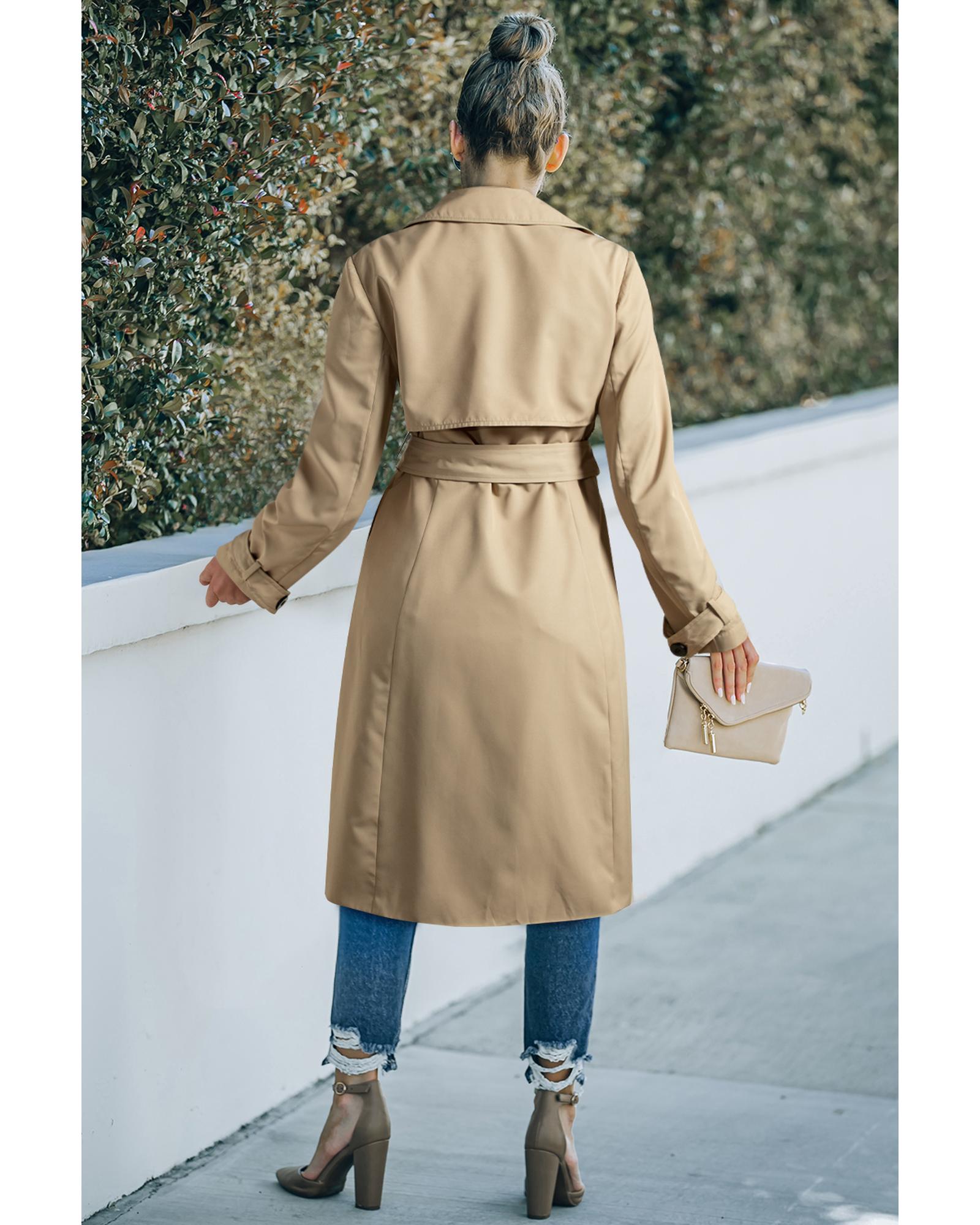 V539-AZEXDC859234-P5016-XL-202508311440-00 Pale Khaki Solid Color Lapel Collar Waist Tie Wind Coat - XL - Image 1