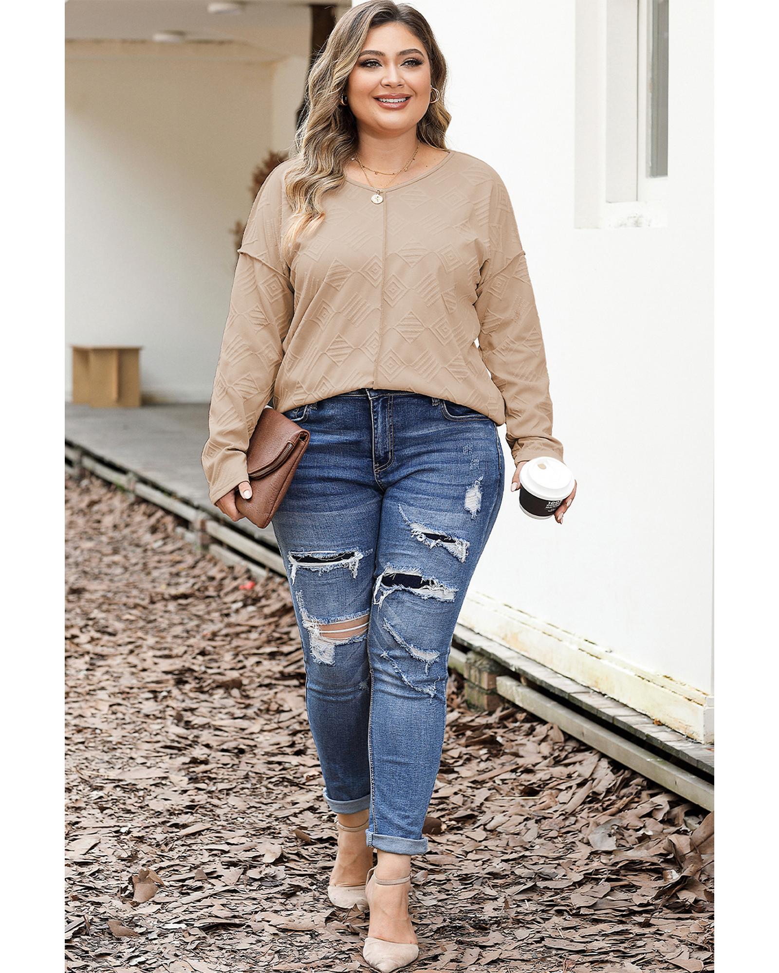 V539-AZEXPL2511155-16-2X-202506181942-00 Khaki Plus Size Textured Drop Shoulder Exposed Seam Top - 2X - Image 1