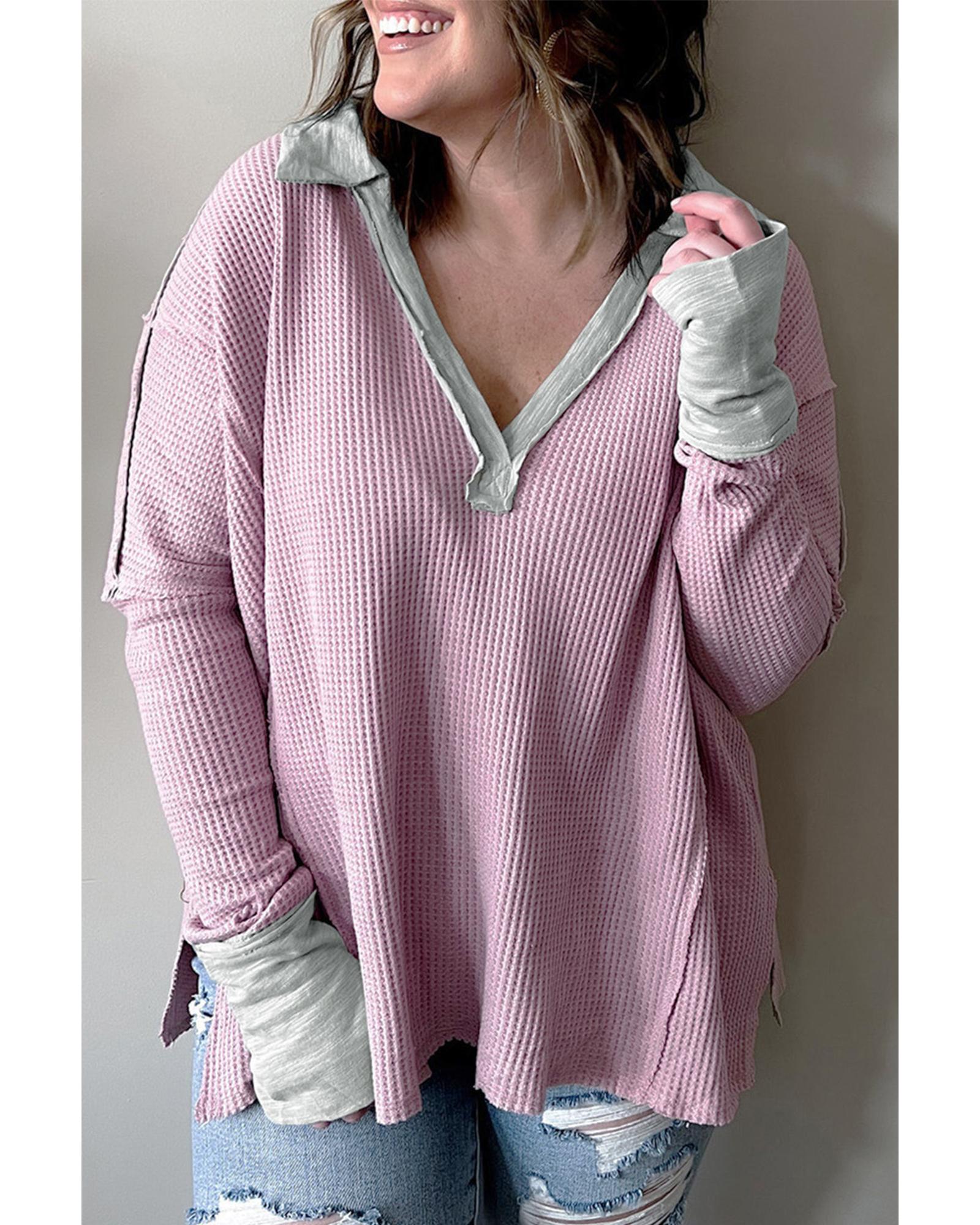 V539-AZEXPL2511158-10-2X-202506181945-00 Azura Exchange Pink Plus Size Exposed Seam Waffle Knit Top - 2X - Image 1