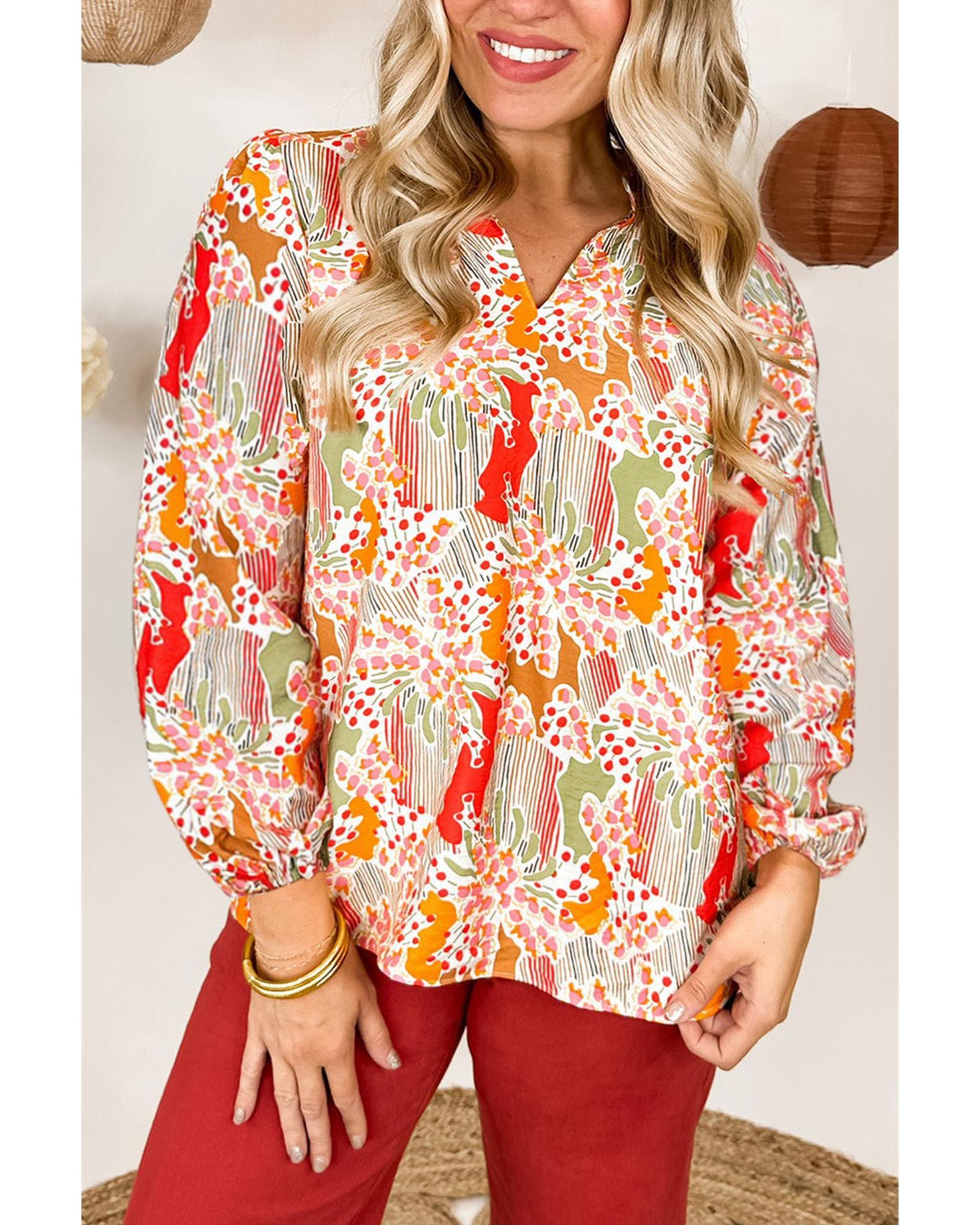 V539-AZEXPL2511575-P1420-3X-202508310745-00 Orange Printed Floral Abstract Print Frilled V Neck Plus Size Blouse - 3X - Image 1