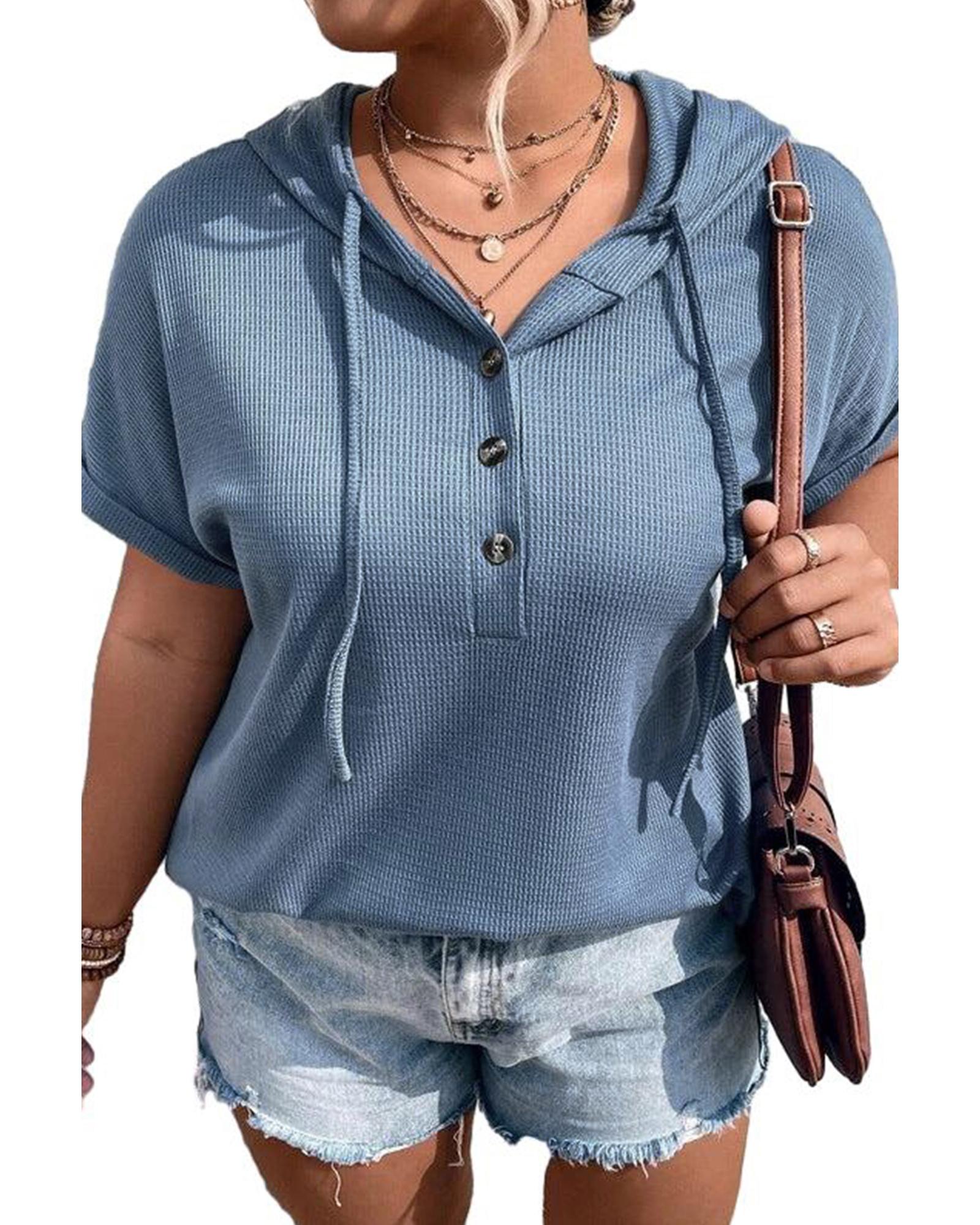 V539-AZEXPL2511738-P604-1X-202506182047-00 Ashleigh Blue Plus Size Waffle Knit Short Sleeve Drawstring Hoodie - 1X - Image 1