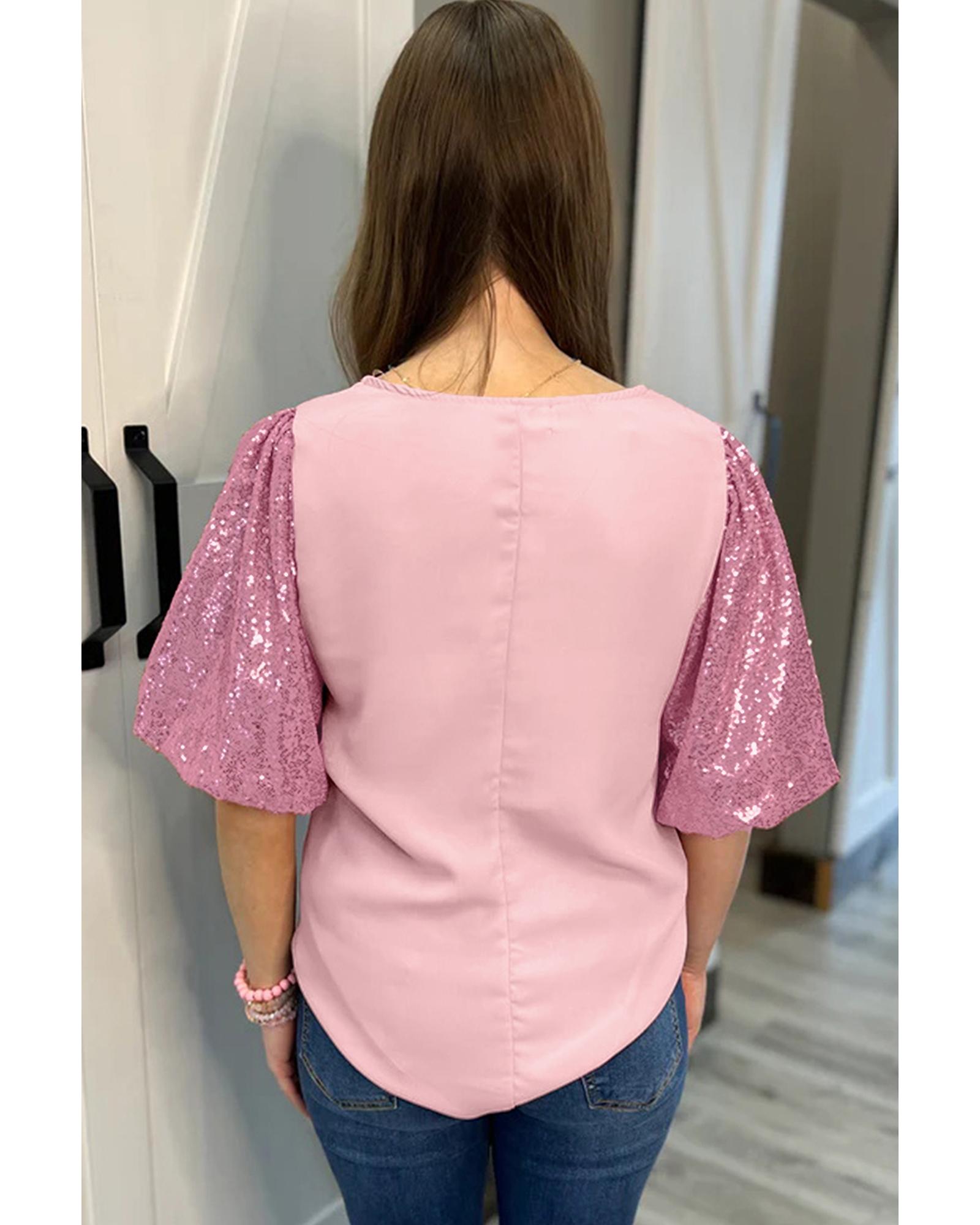 V539-AZEXPL2511922-P10-1X-202506182115-00 Pink Contrast Sequin Bubble Sleeve Plus Size T-shirt - 1X - Image 1