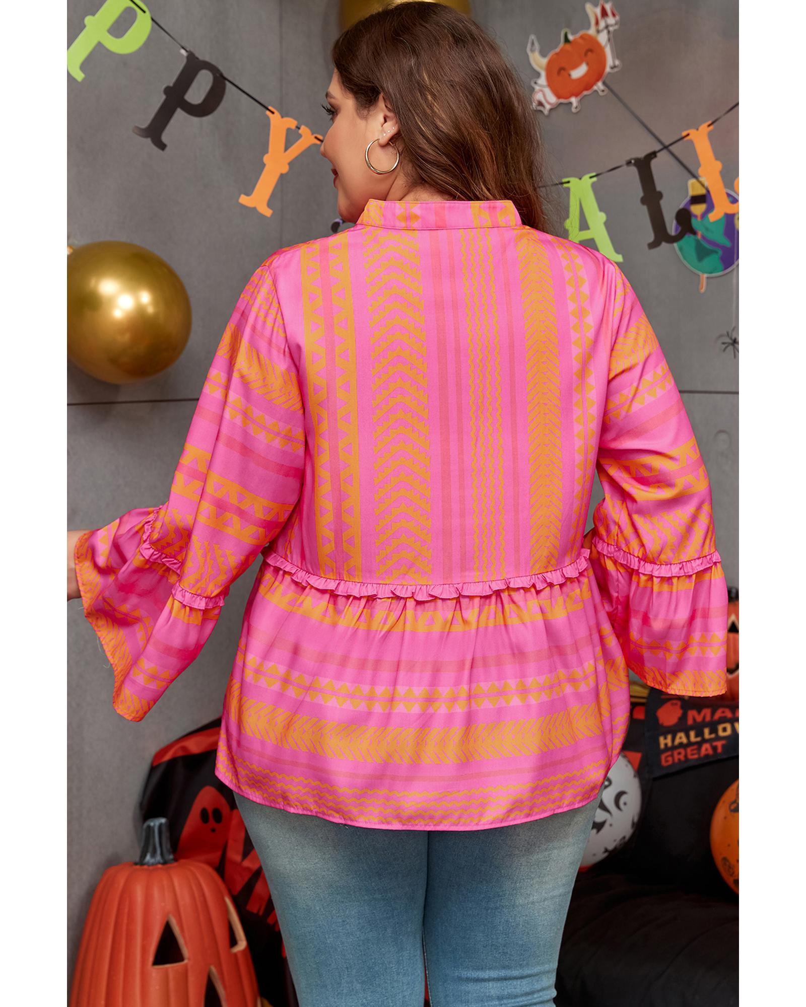 V539-AZEXPL2512401-P2014-1X-202506182121-00 Vitality Orange Plus Size Geometric Printed Bell Sleeve Babydoll Blouse - 1X - Image 1