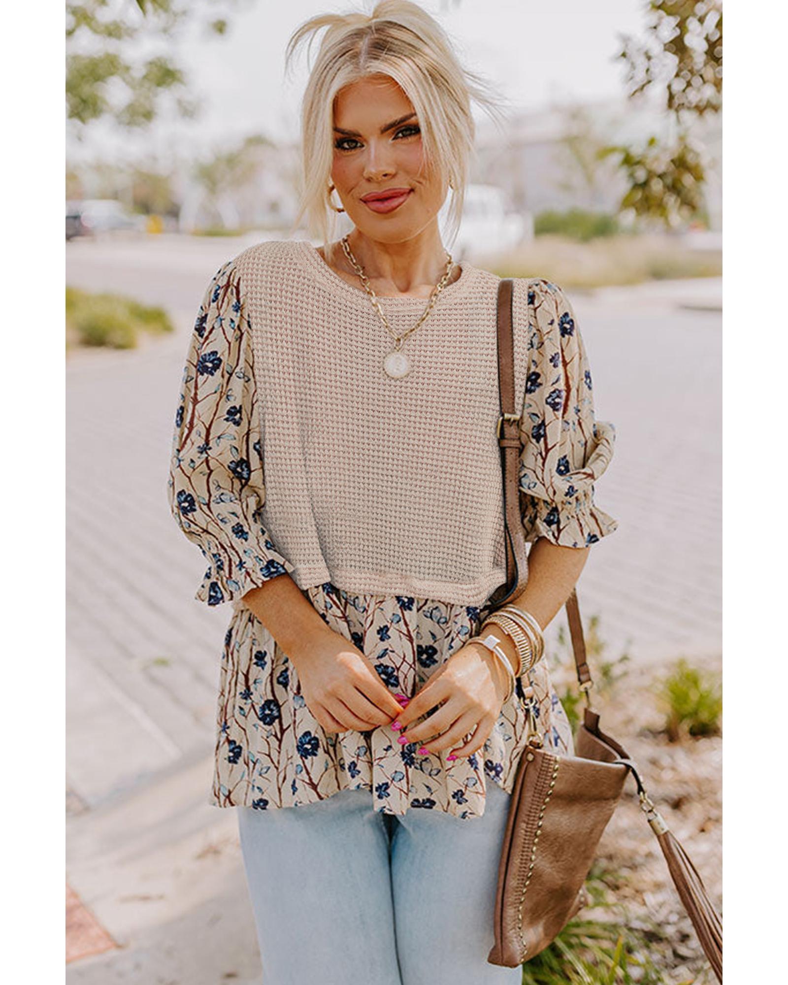 V539-AZEXPL2512547-P1520-1X-202506182132-00 Beige Faux Two Piece Knit Patchwork Floral Print Plus Size Top - 1X - Image 1