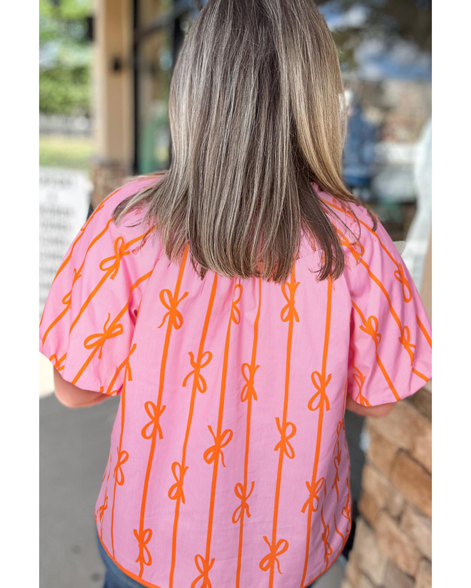 V539-AZEXPL2512646-P620-4X-202508311510-00 Rose Bowknot Print Shirred V Neck Puff Sleeve Plus Size Blouse - 4X - Image 1