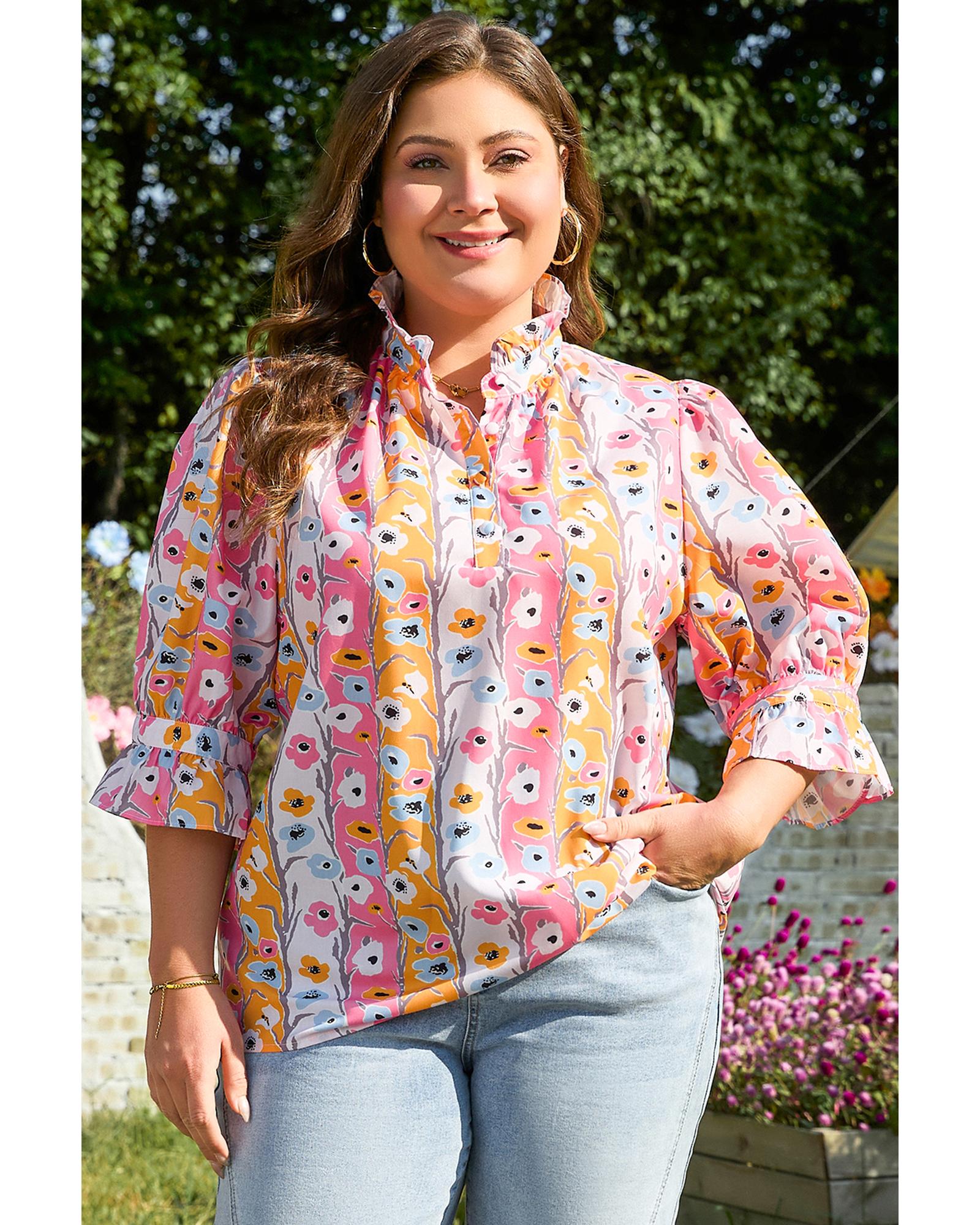 V539-AZEXPL2512775-P1020-4X-202508311550-00 Pink Floral Ruffled Collar Bracelet Sleeve Plus Size Blouse Top - 4X - Image 1