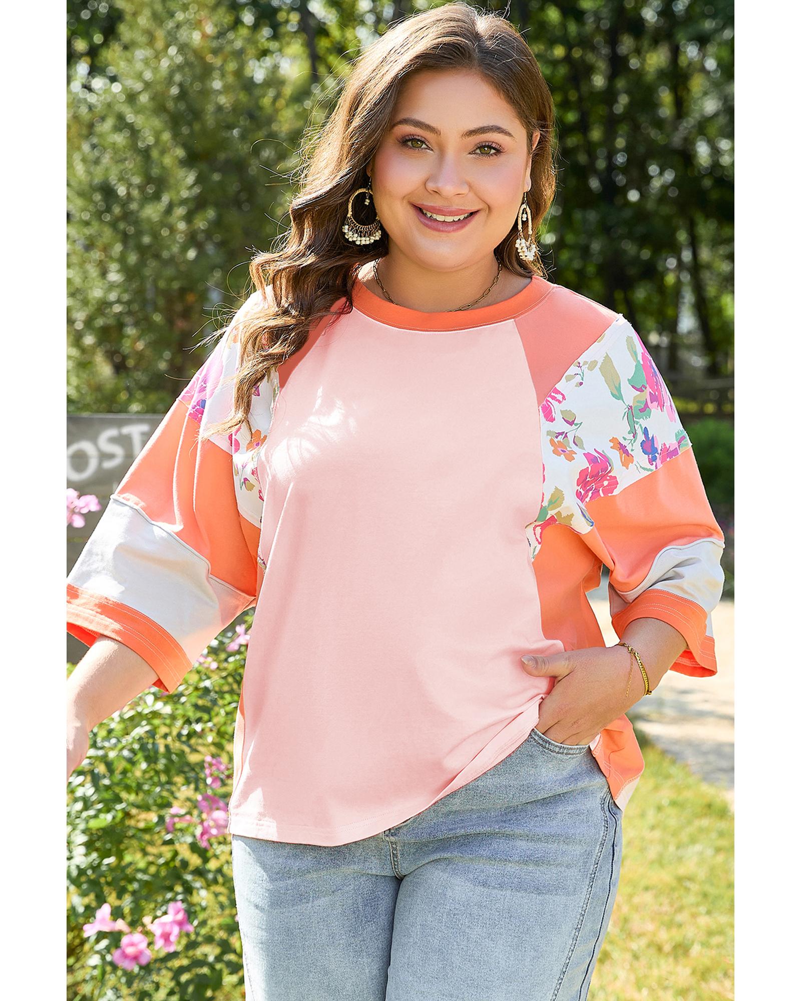 V539-AZEXPL2512782-P1420-3X-202508311600-00 Orange Plus Size Floral Print Patchwork Raglan Half Sleeve Top - 3X - Image 1