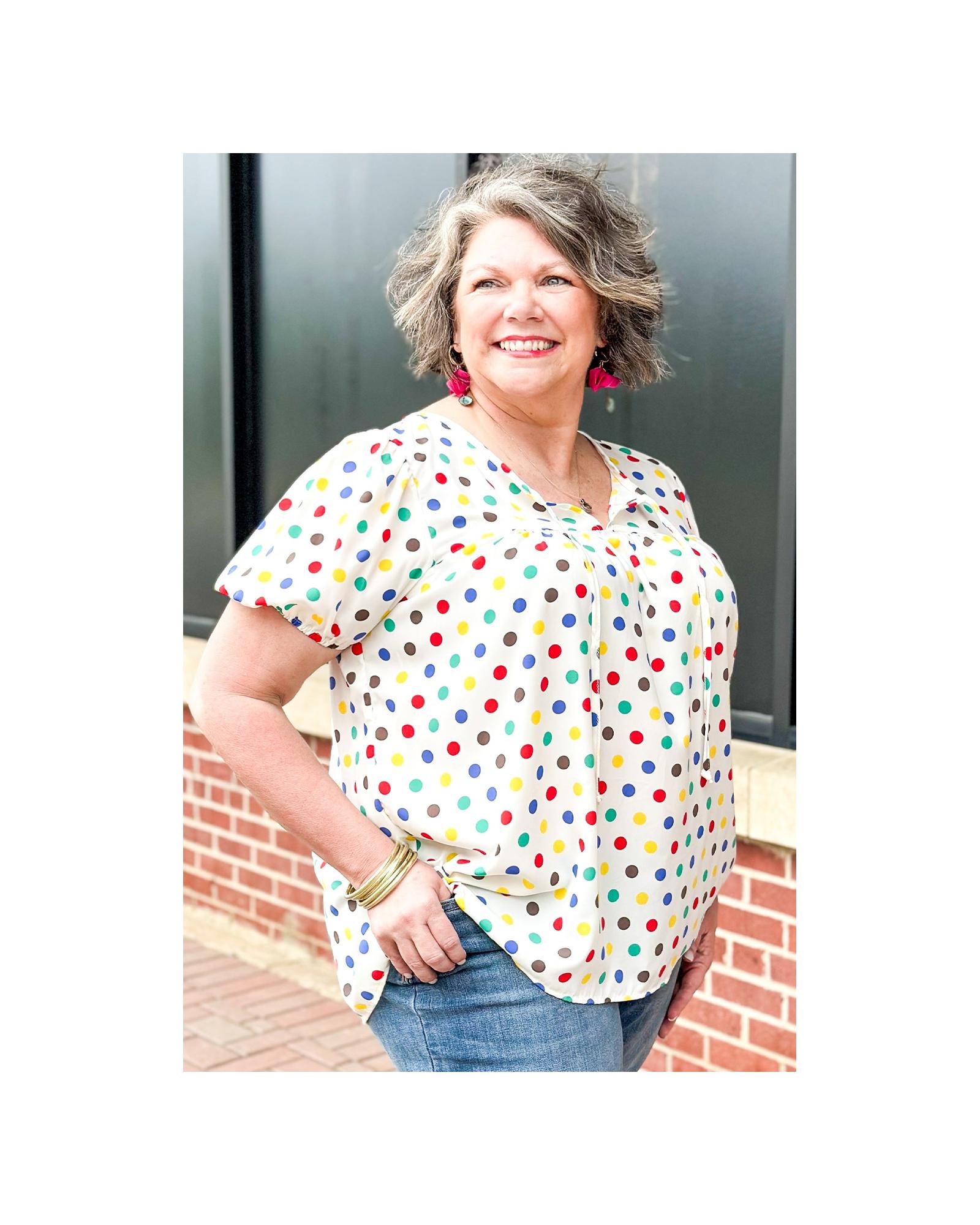 V539-AZEXPL2512812-P1820-1X-202506181927-00 Apricot Plus Size Colorful Polka Dots Tie Neck Puff Sleeve Blouse - 1X - Image 1