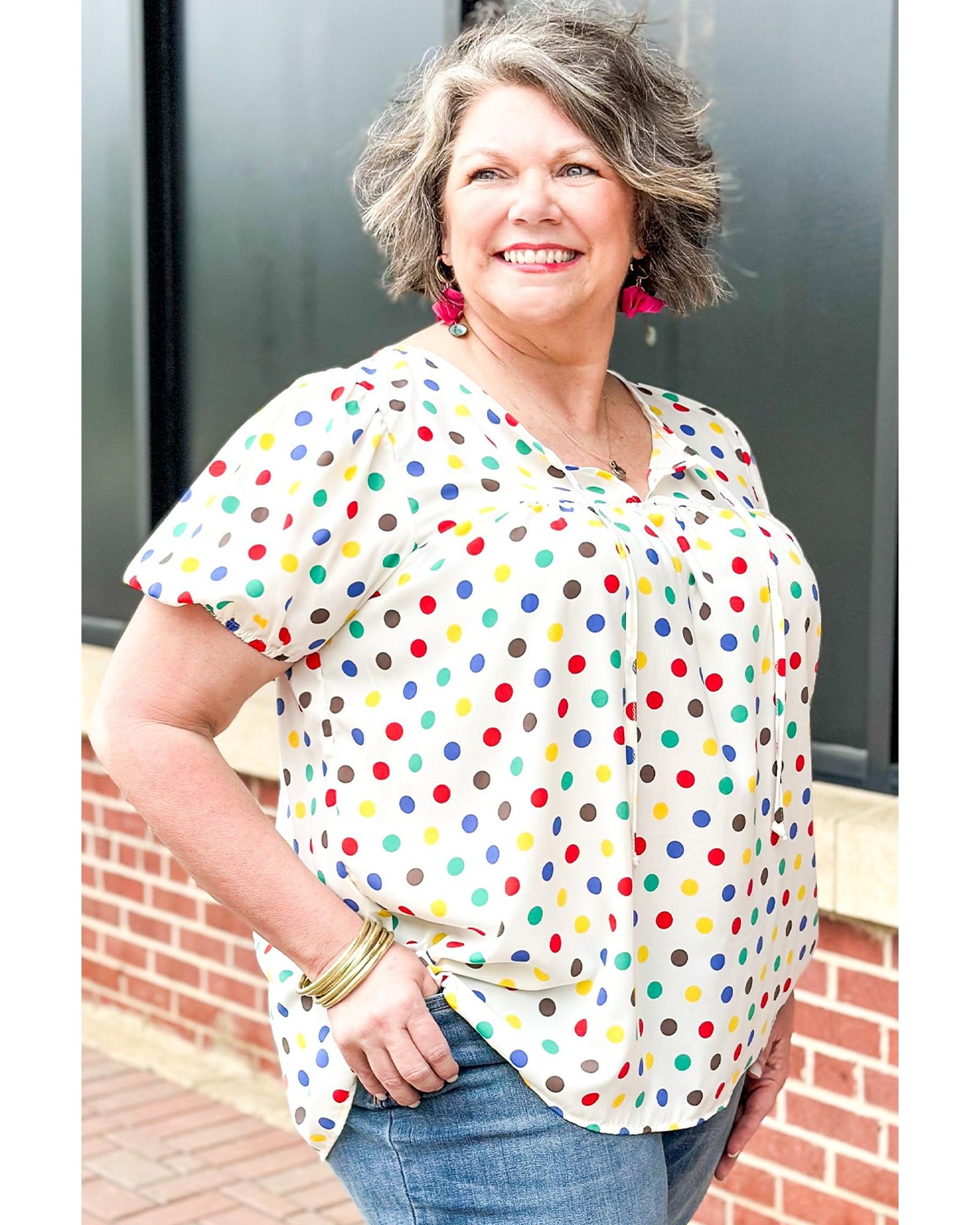V539-AZEXPL2512812-P1820-2X-202508311445-00 Apricot Plus Size Colorful Polka Dots Tie Neck Puff Sleeve Blouse - 2X - Image 1