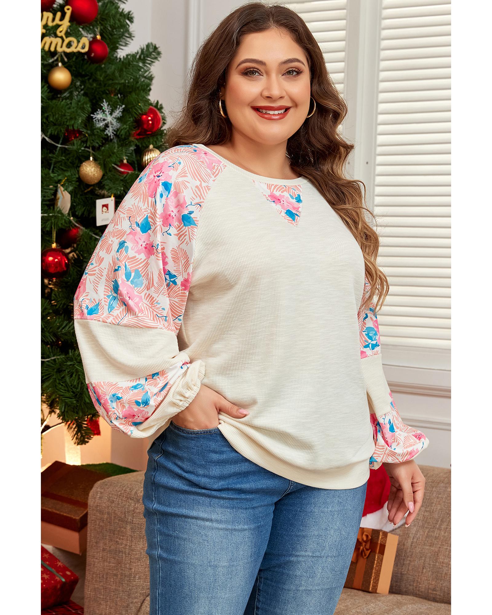 V539-AZEXPL25128275-P18-4X-202508311140-00 Apricot Plus Size Floral Patchwork Ribbed Puff Sleeve Top - 4X - Image 1