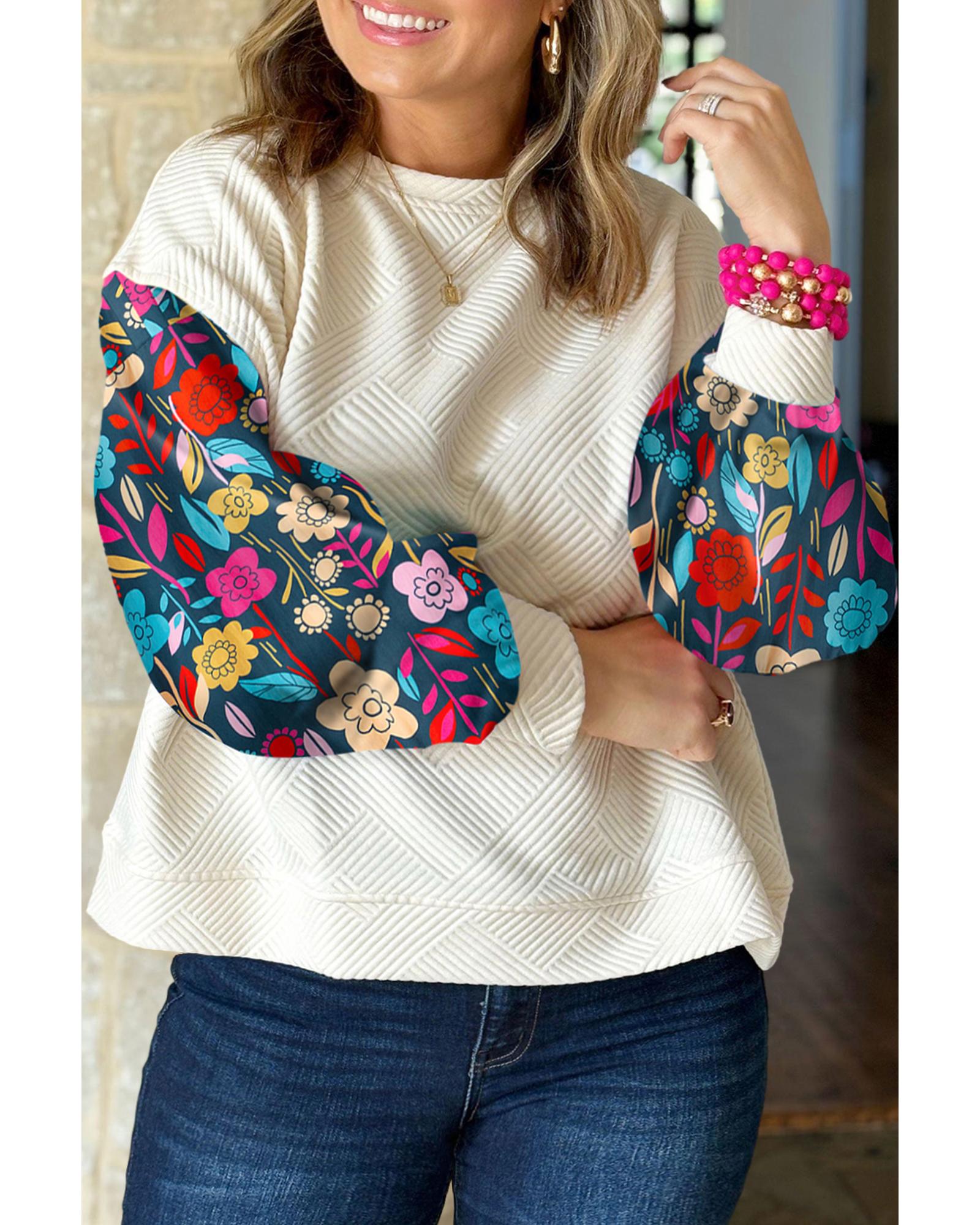 V539-AZEXPL25128386-P101-3X-202508310420-00 White Floral Patchwork Sleeve Textured Plus Size Pullover Top - 3X - Image 1