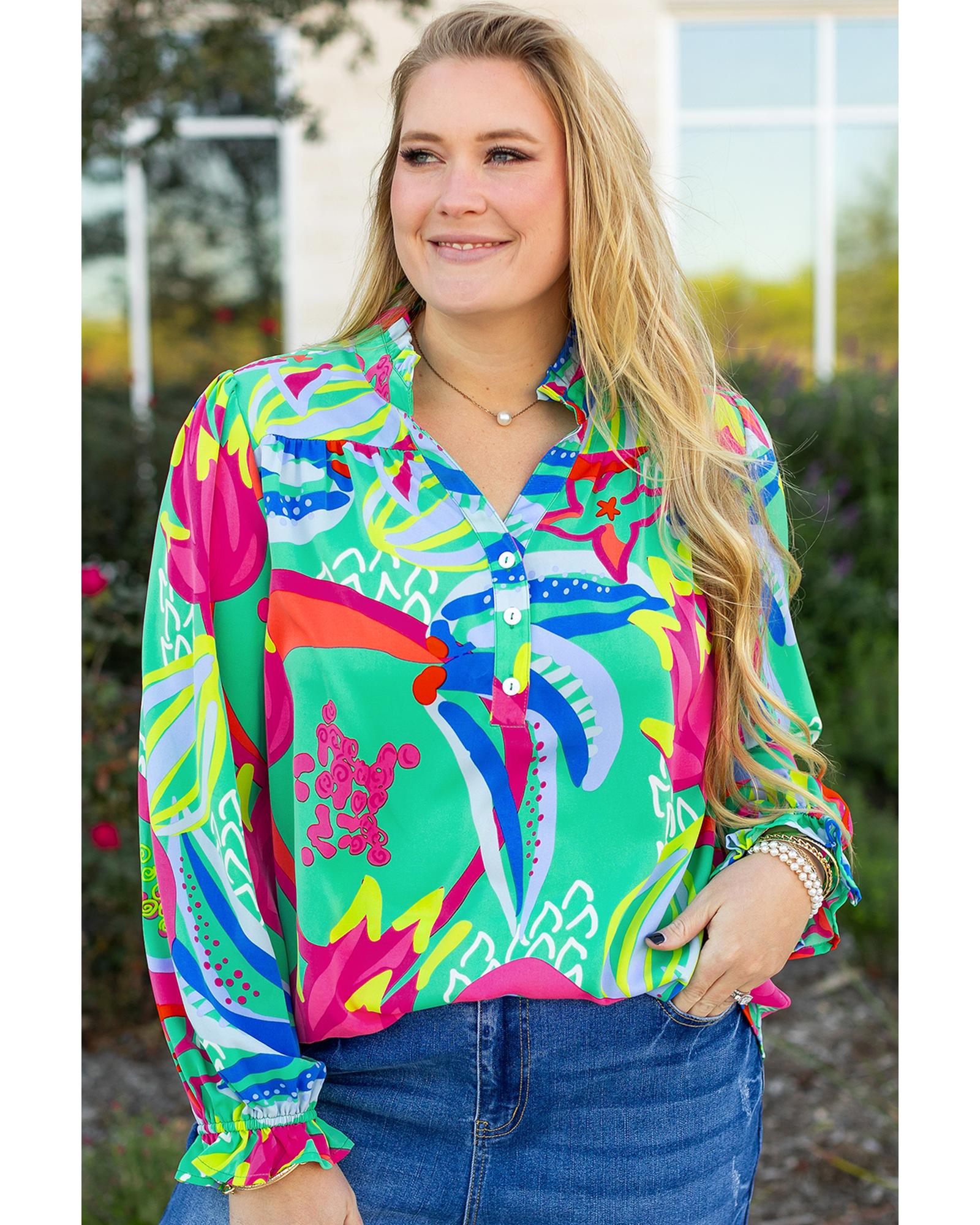 V539-AZEXPL25128414-P920-4X-202508310700-00 Green Abstract Printed Flounce Sleeve V Neck Buttoned Plus Size Blouse - 4X - Image 1