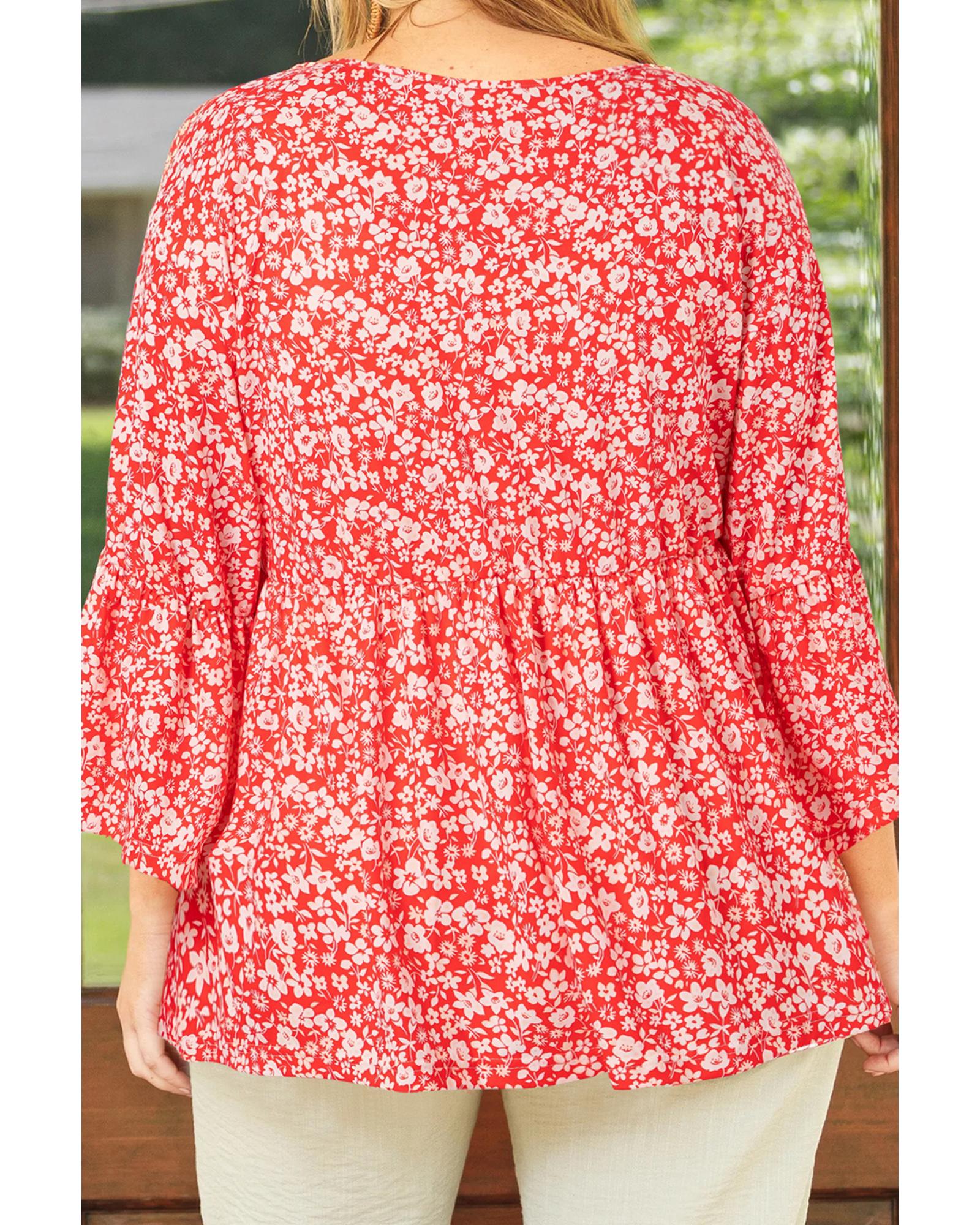 V539-AZEXPL2512882-P10320-4X-202508311020-00 Red Plus Size Floral V Neck Flared Bracelet Sleeve Blouse - 4X - Image 1