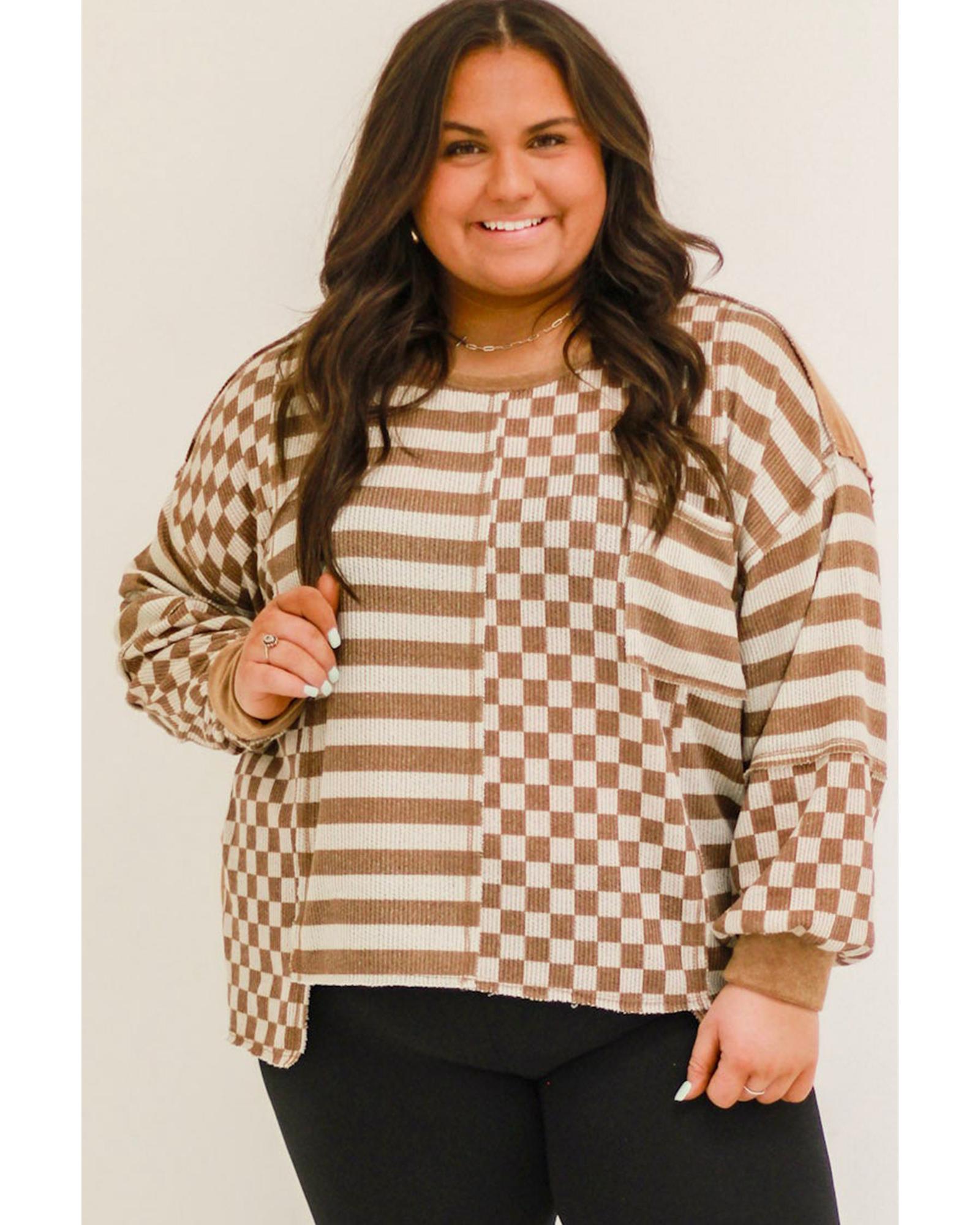 V539-AZEXPL25128906-P1622-1X-202506181954-00 Khaki Striped Checkered Mixed Print Chest Pocket Casual Plus Size Top - 1X - Image 1