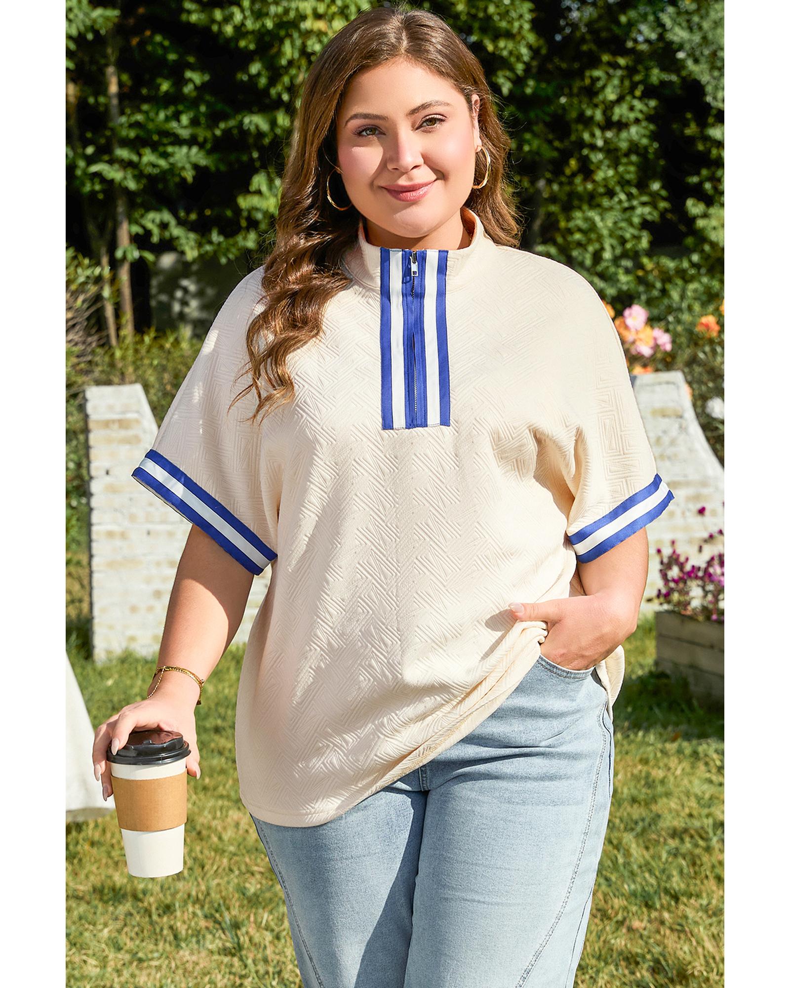 V539-AZEXPL2512996-P1-3X-202508310615-00 White Varsity Half Zip Textured Plus Size Top - 3X - Image 1