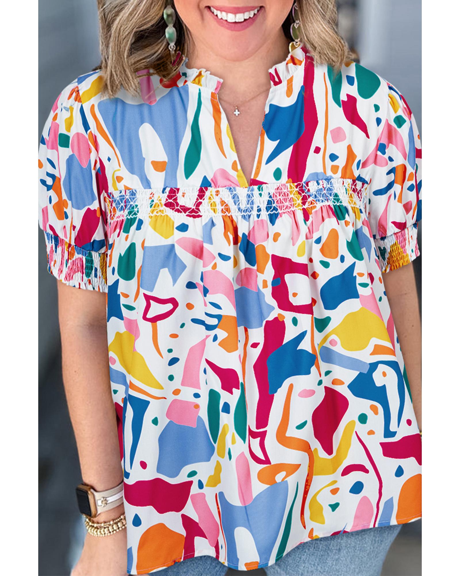 V539-AZEXPL2513078-P120-3X-202508311300-00 White Abstract Print Shirred Cuff Puff Sleeve Plus Size Blouse - 3X - Image 1