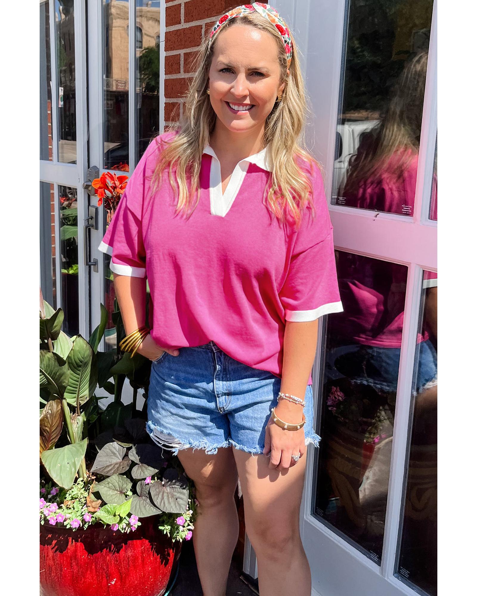 V539-AZEXPL2513101-P10-2X-202508310345-00 Pink Contrast Trim Collared Split Neck Short Sleeve Plus Size Top - 2X - Image 1