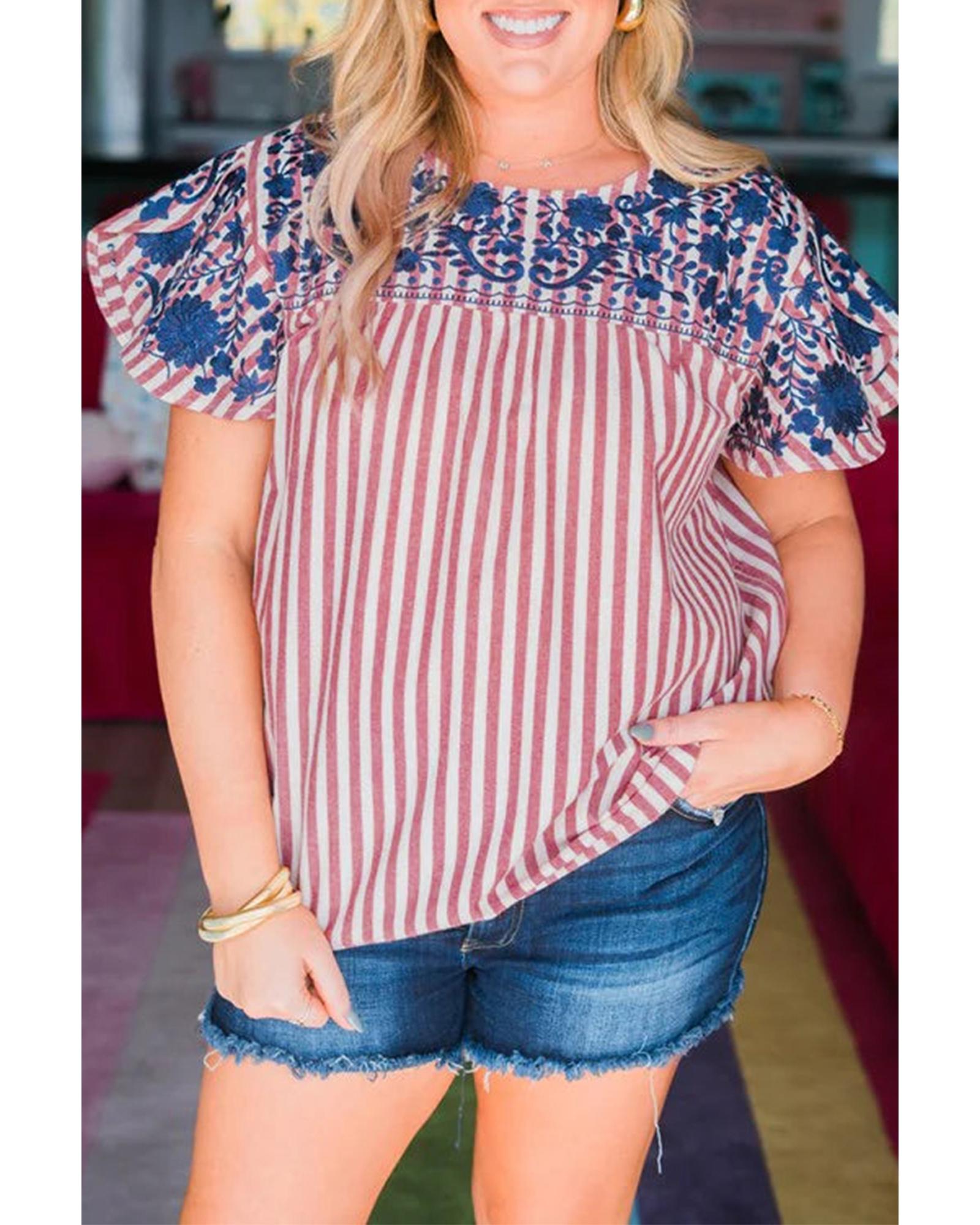 V539-AZEXPL2513132-P319-4X-202508311000-00 Red Stripe Plus Size Floral Embroidered Petal Sleeve Blouse - 4X - Image 1