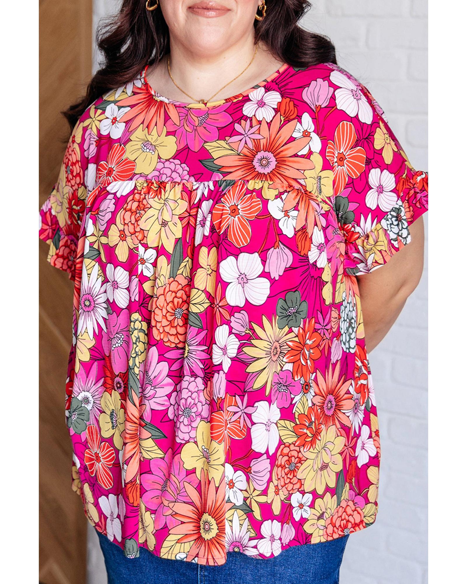 V539-AZEXPL2513301-P620-4X-202508310355-00 Rose Plus Size Floral Print Ruffle Short Sleeve Blouse - 4X - Image 1