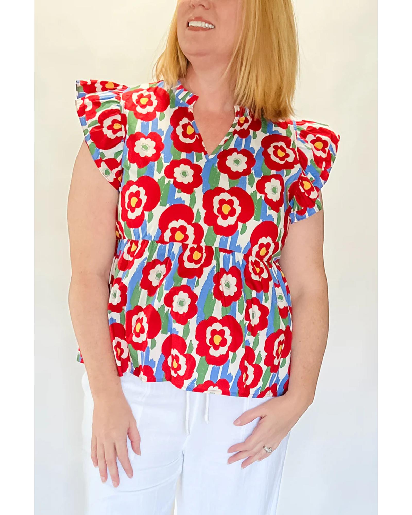 V539-AZEXPL2513322-P10320-1X-202506182346-00 Red Plus Size Floral Print Ruffle Trim Split Neck Peplum Top - 1X - Image 1