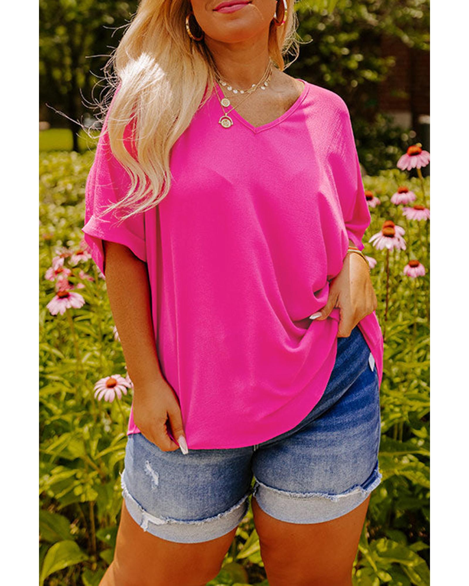 V539-AZEXPL2513323-P106-4X-202508310605-00 Bright Pink Seamed Back High Low Hem V Neck Cuffed Sleeve Plus Size Tee - 4X - Image 1