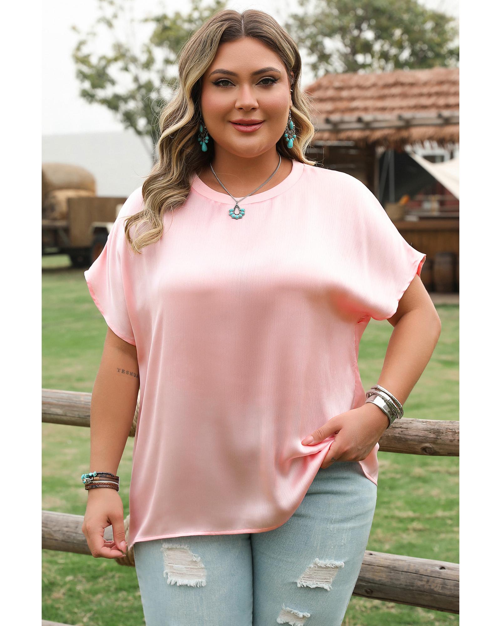 V539-AZEXPL2513343-P10-1X-202506182354-00 Pink Metallic Gloss Short Batwing Sleeve Plus Size Top - 1X - Image 1