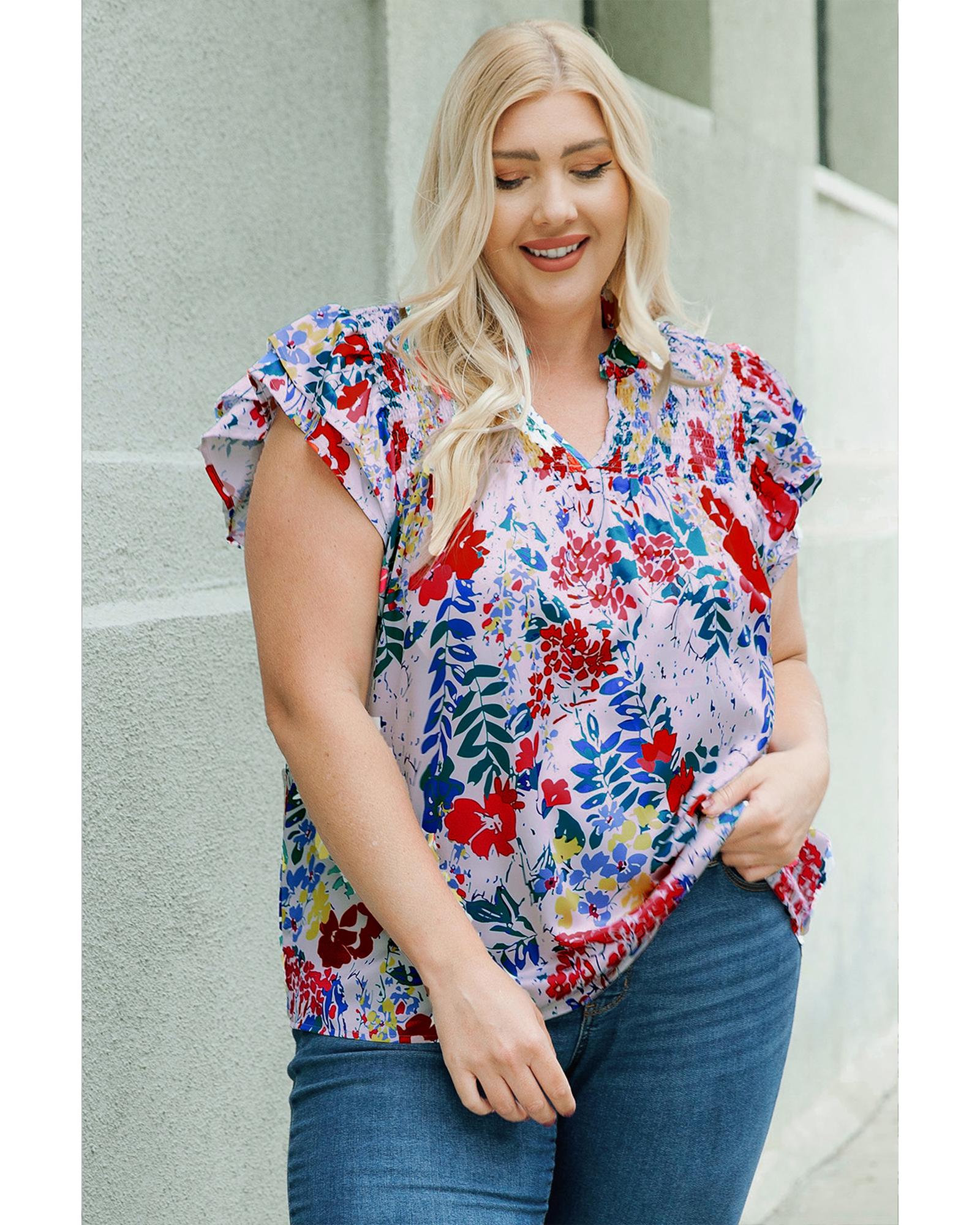 V539-AZEXPL251835-3-2X-202508310625-00 Red Plus Floral Print Ruffle Cap Sleeve V Neck Blouse - 2X - Image 1